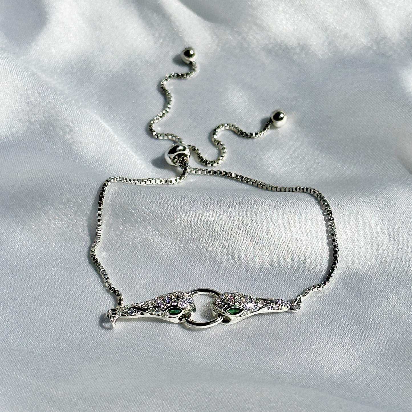 Snake Design American Diamond Silver Plated Chain Lock Bracelet