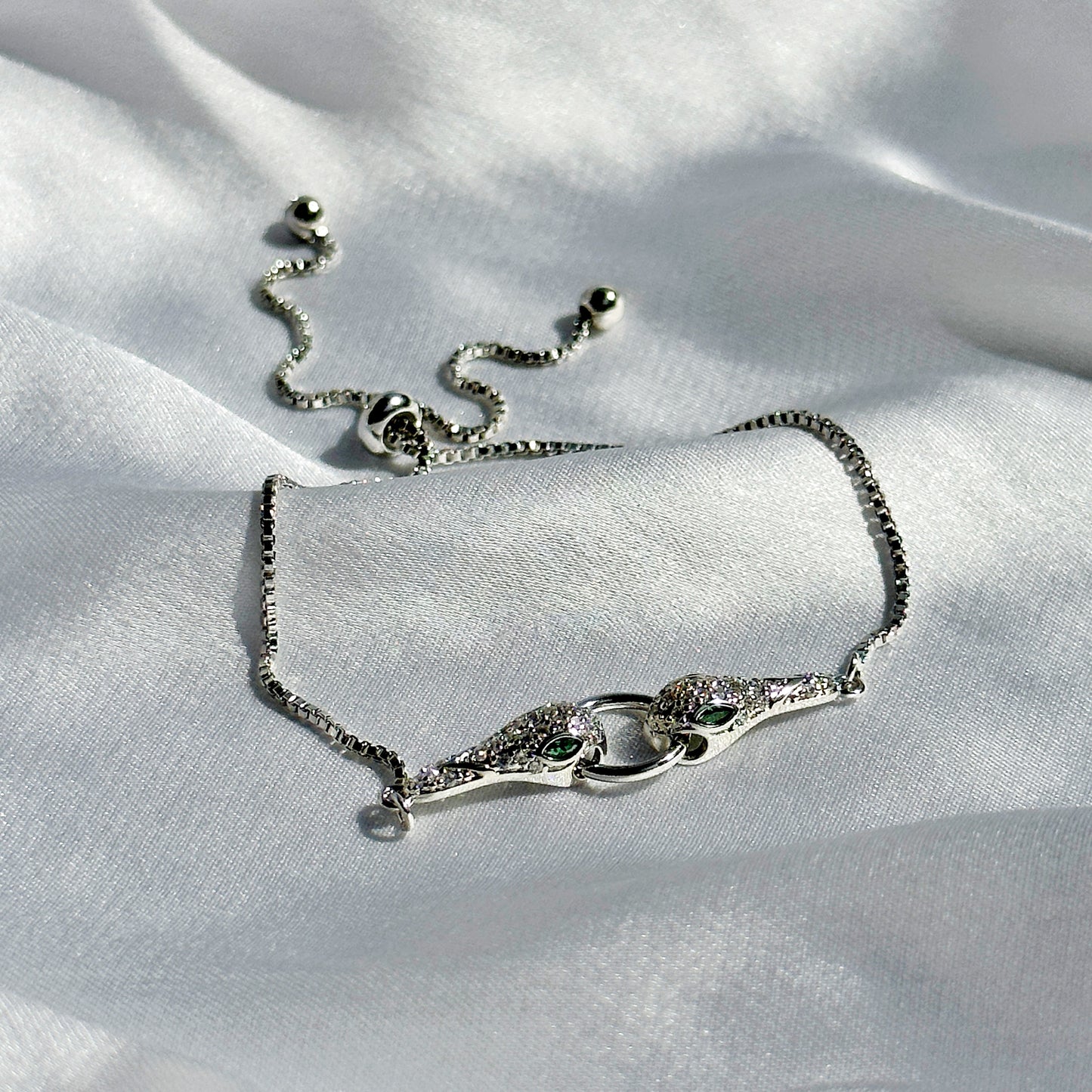 Snake Design American Diamond Silver Plated Chain Lock Bracelet