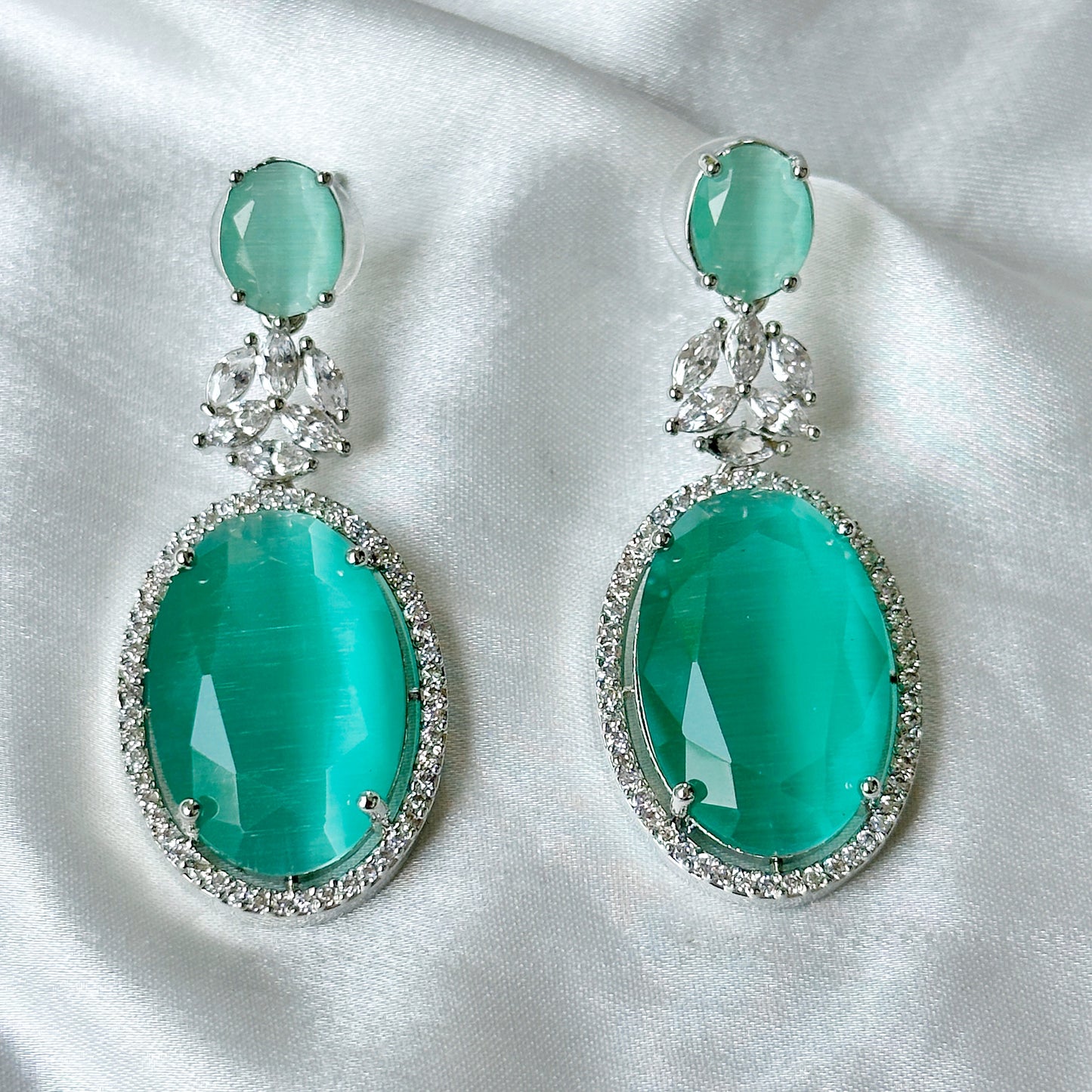 Mint Green Zircon Stone American Diamond Silver Plated Necklace Set
