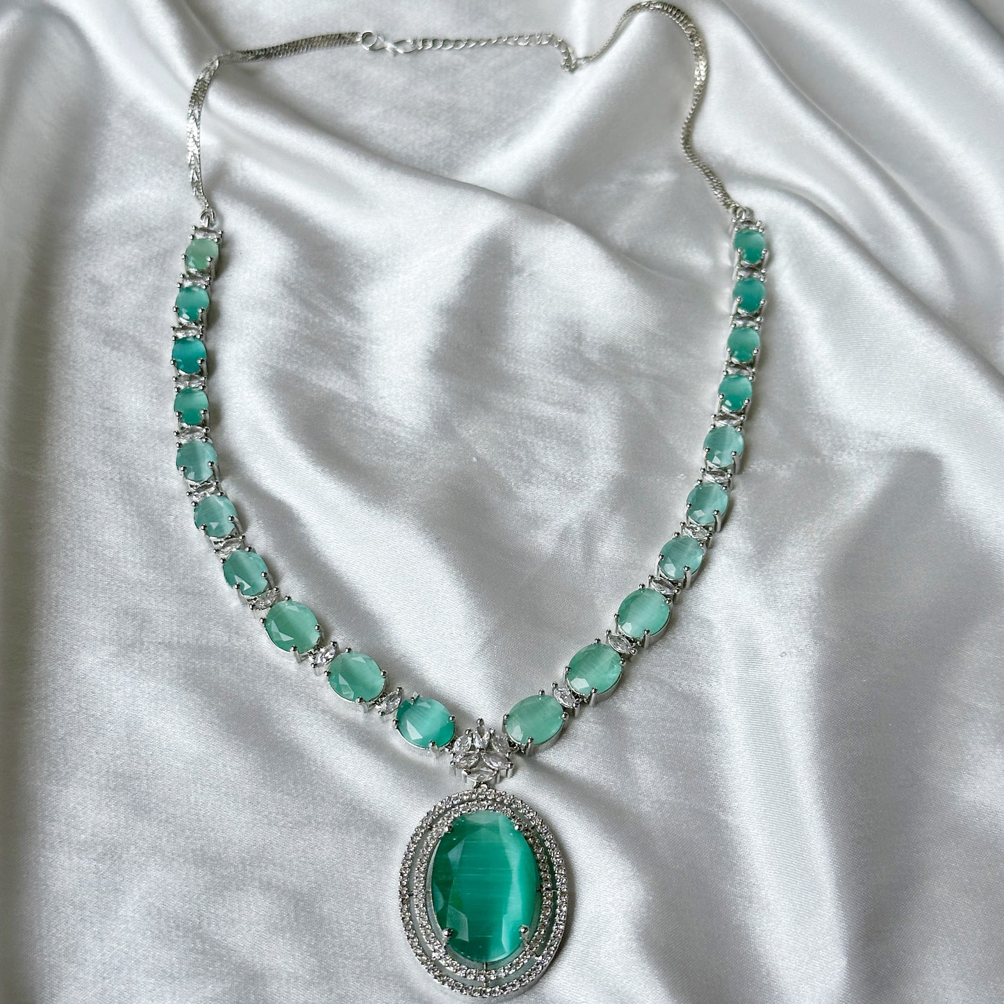 Mint Green Zircon Stone American Diamond Silver Plated Necklace Set
