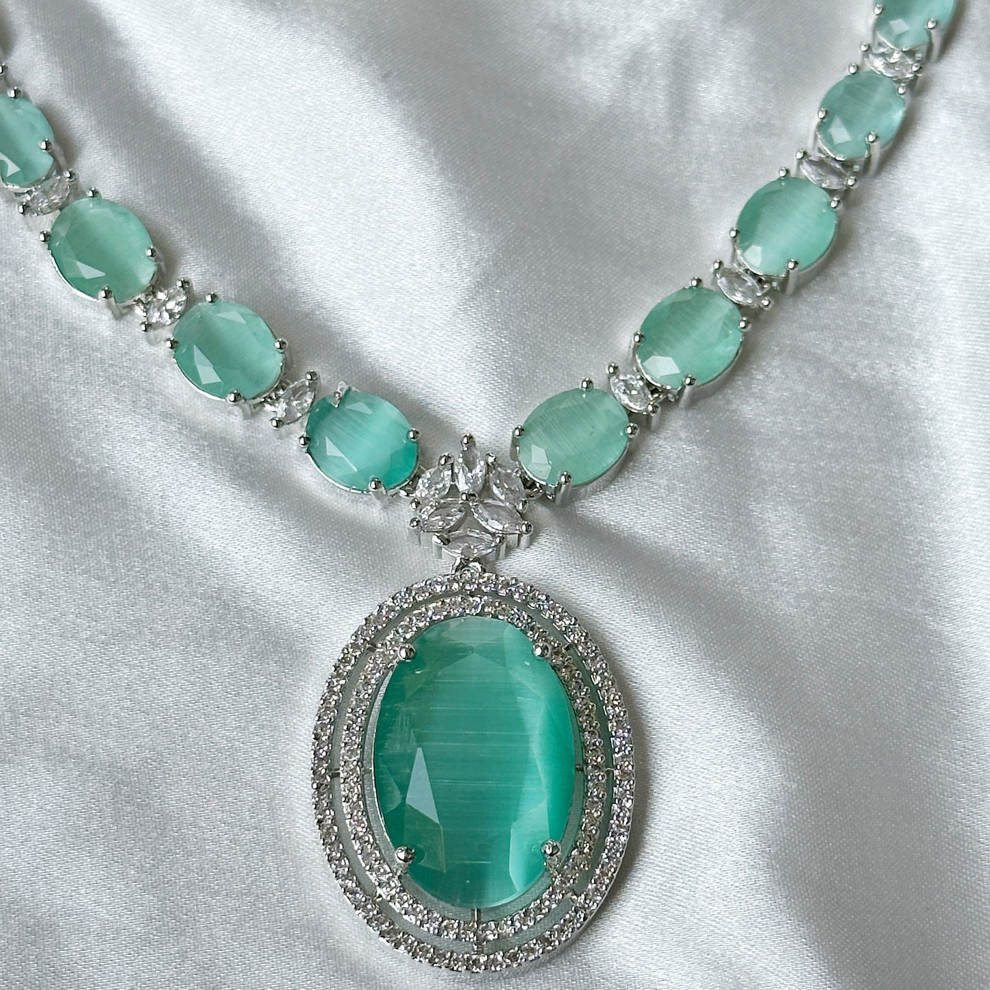 Mint Green Zircon Stone American Diamond Silver Plated Necklace Set