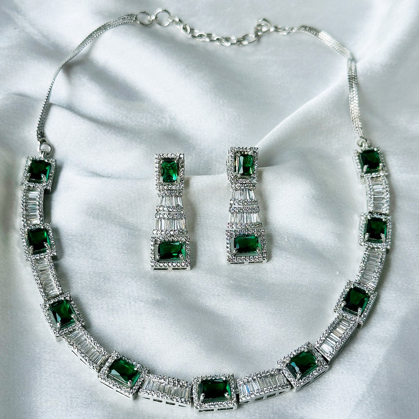 Green Emerald Cubic Zircon Stones American Diamond Silver Plated Necklace Set