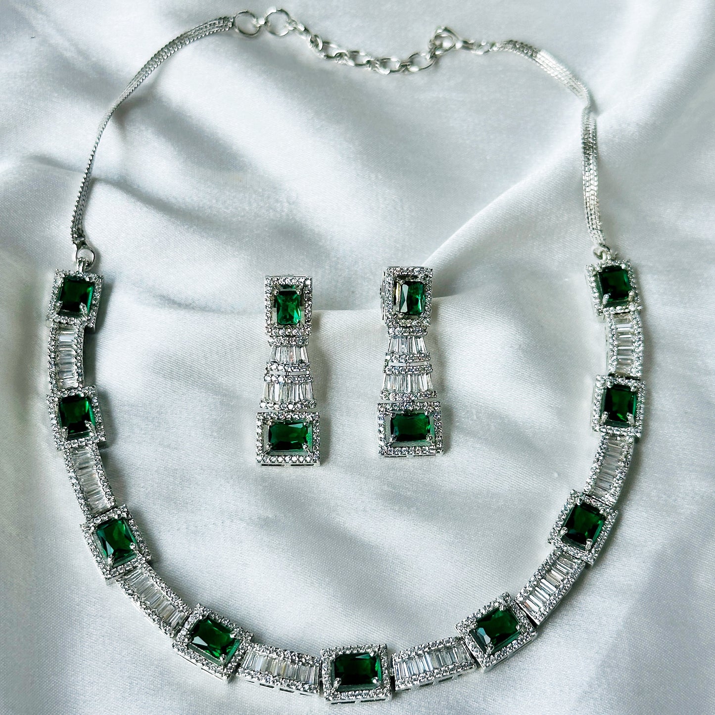 Green Emerald Cubic Zircon Stones American Diamond Silver Plated Necklace Set