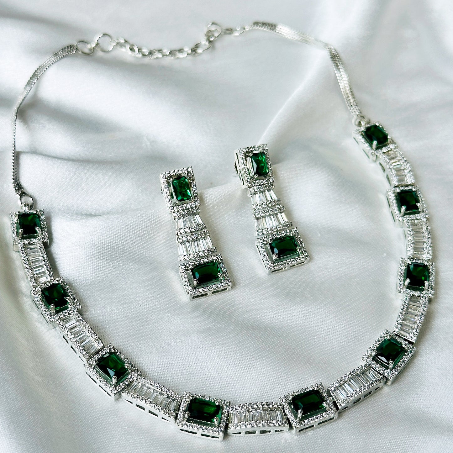 Green Emerald Cubic Zircon Stones American Diamond Silver Plated Necklace Set