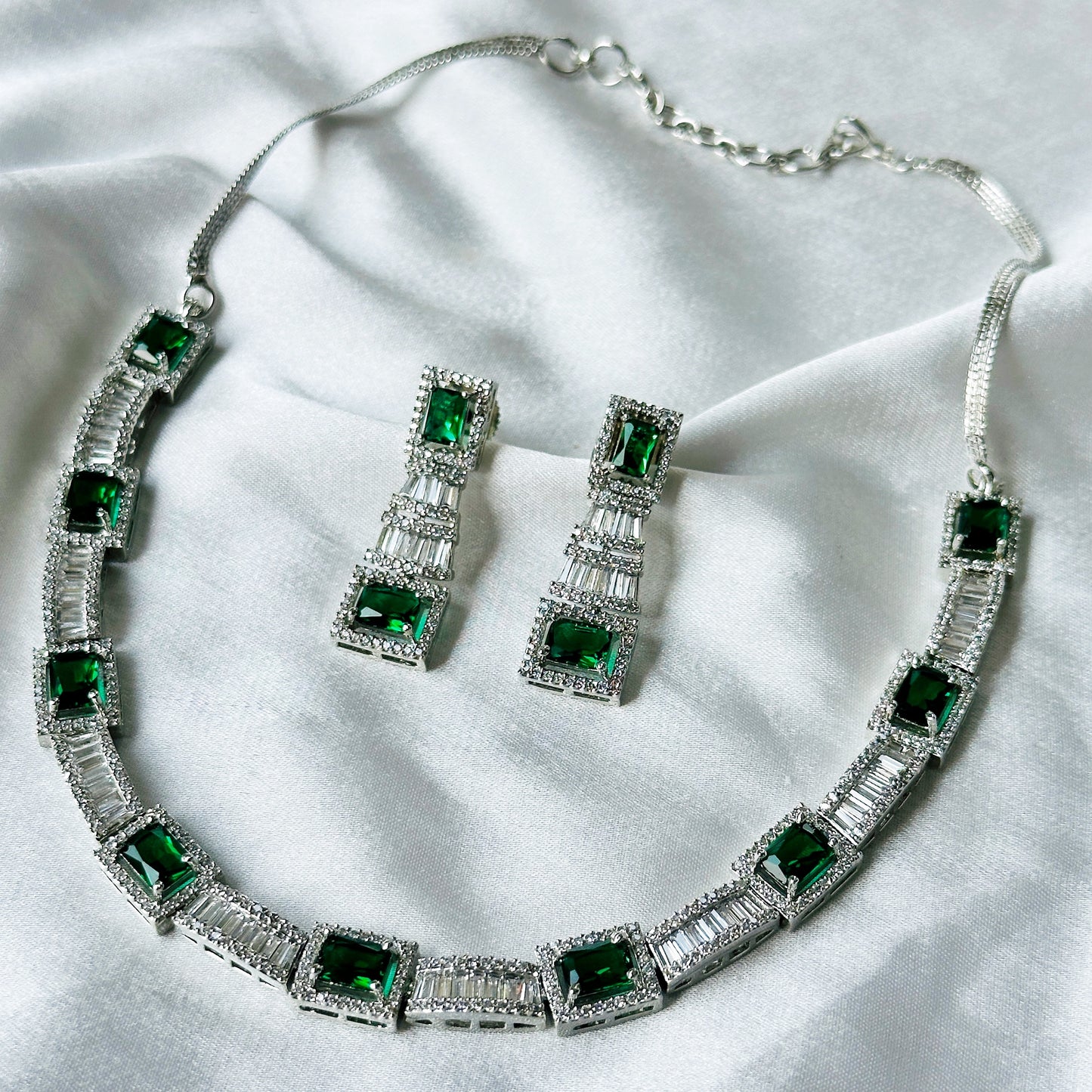 Green Emerald Cubic Zircon Stones American Diamond Silver Plated Necklace Set
