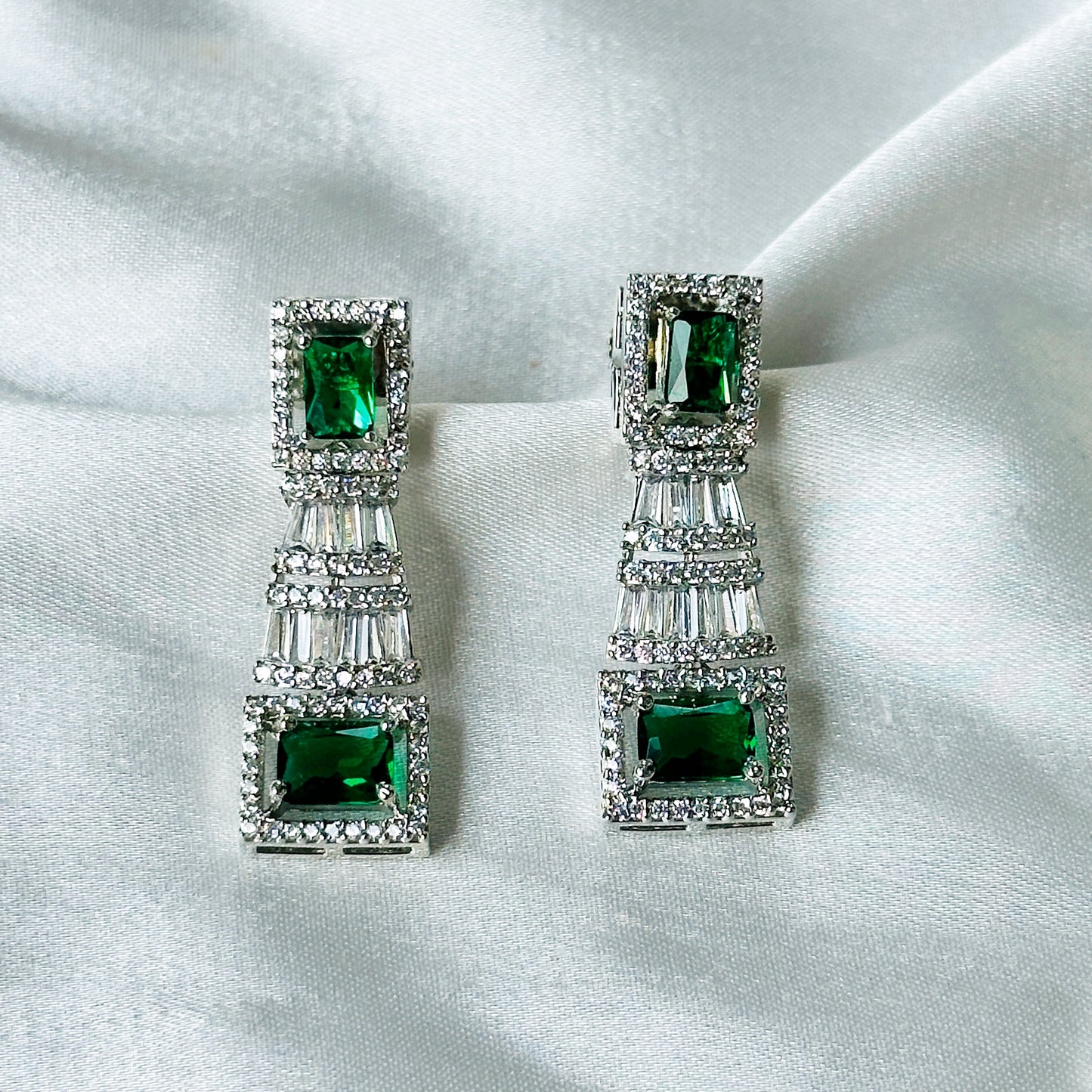 Green Emerald Cubic Zircon Stones American Diamond Silver Plated Necklace Set