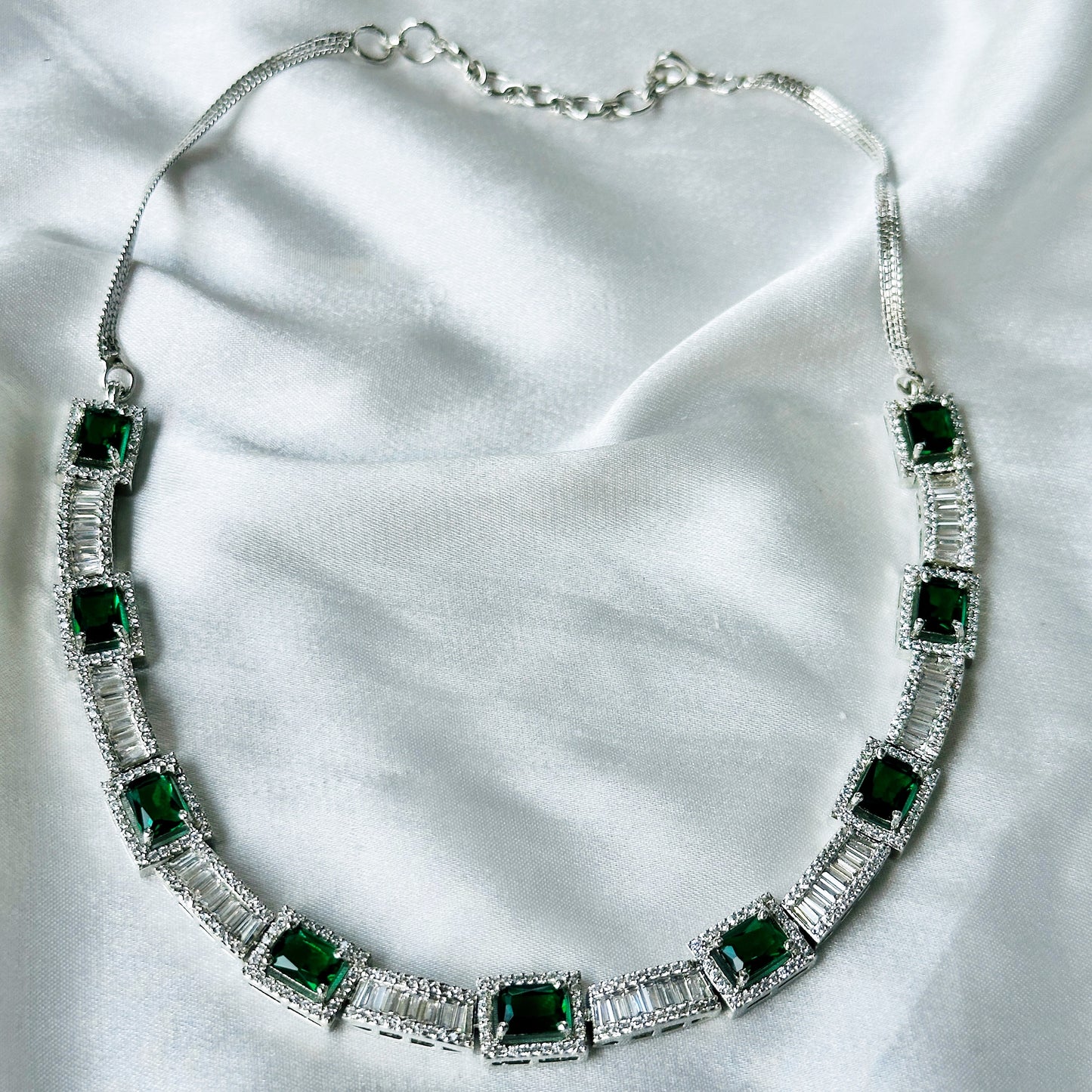 Green Emerald Cubic Zircon Stones American Diamond Silver Plated Necklace Set