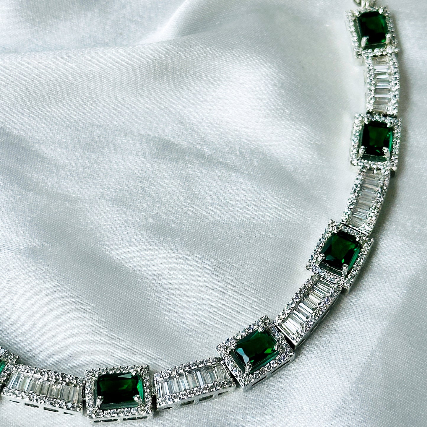 Green Emerald Cubic Zircon Stones American Diamond Silver Plated Necklace Set
