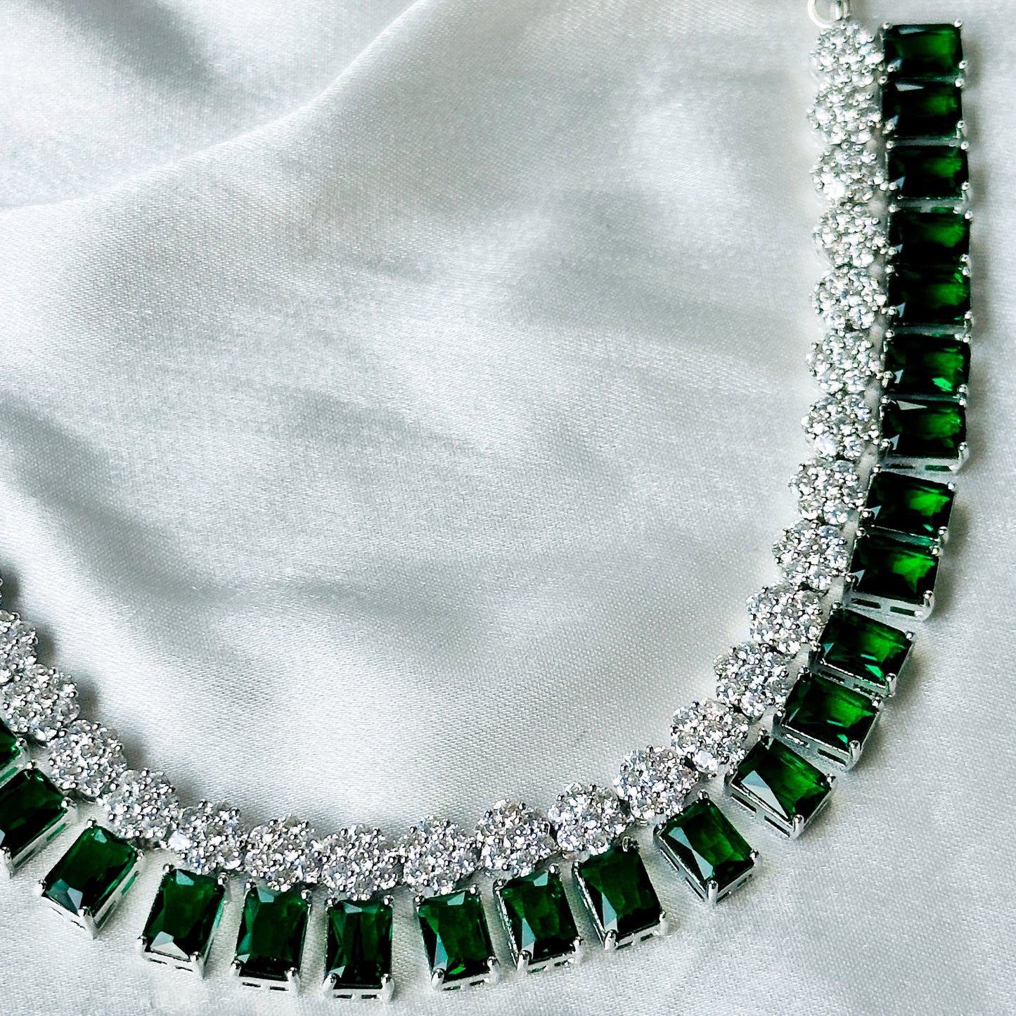 Green Emerald Cubic Zirconia American Diamond Silver Plated Necklace Set