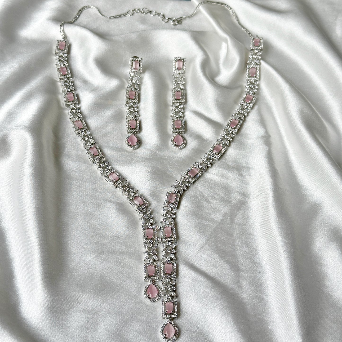 Pink Topaz Cubic Zircon Stones American Diamond Silver Plated Necklace Set
