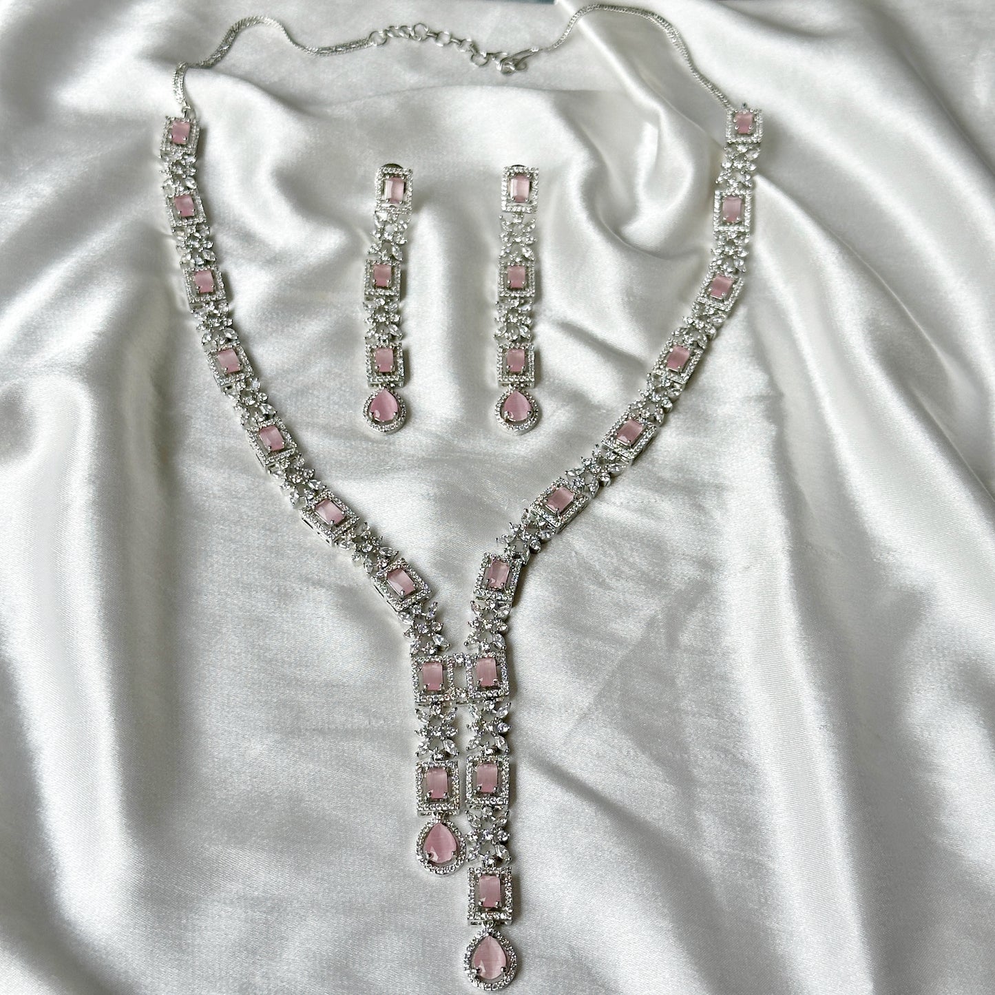 Pink Topaz Cubic Zircon Stones American Diamond Silver Plated Necklace Set