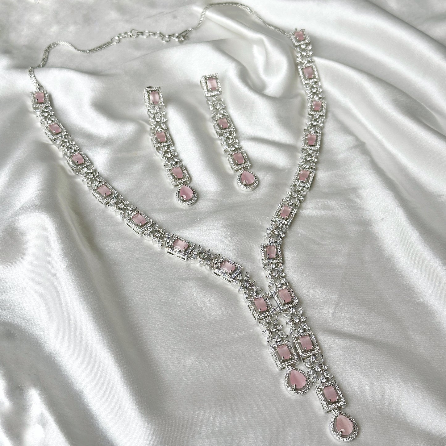 Pink Topaz Cubic Zircon Stones American Diamond Silver Plated Necklace Set