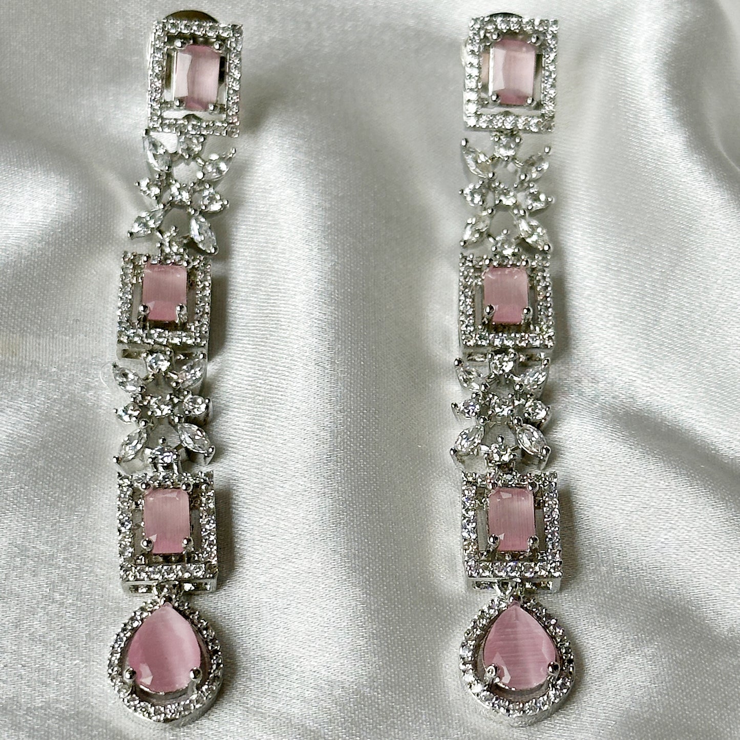 Pink Topaz Cubic Zircon Stones American Diamond Silver Plated Necklace Set