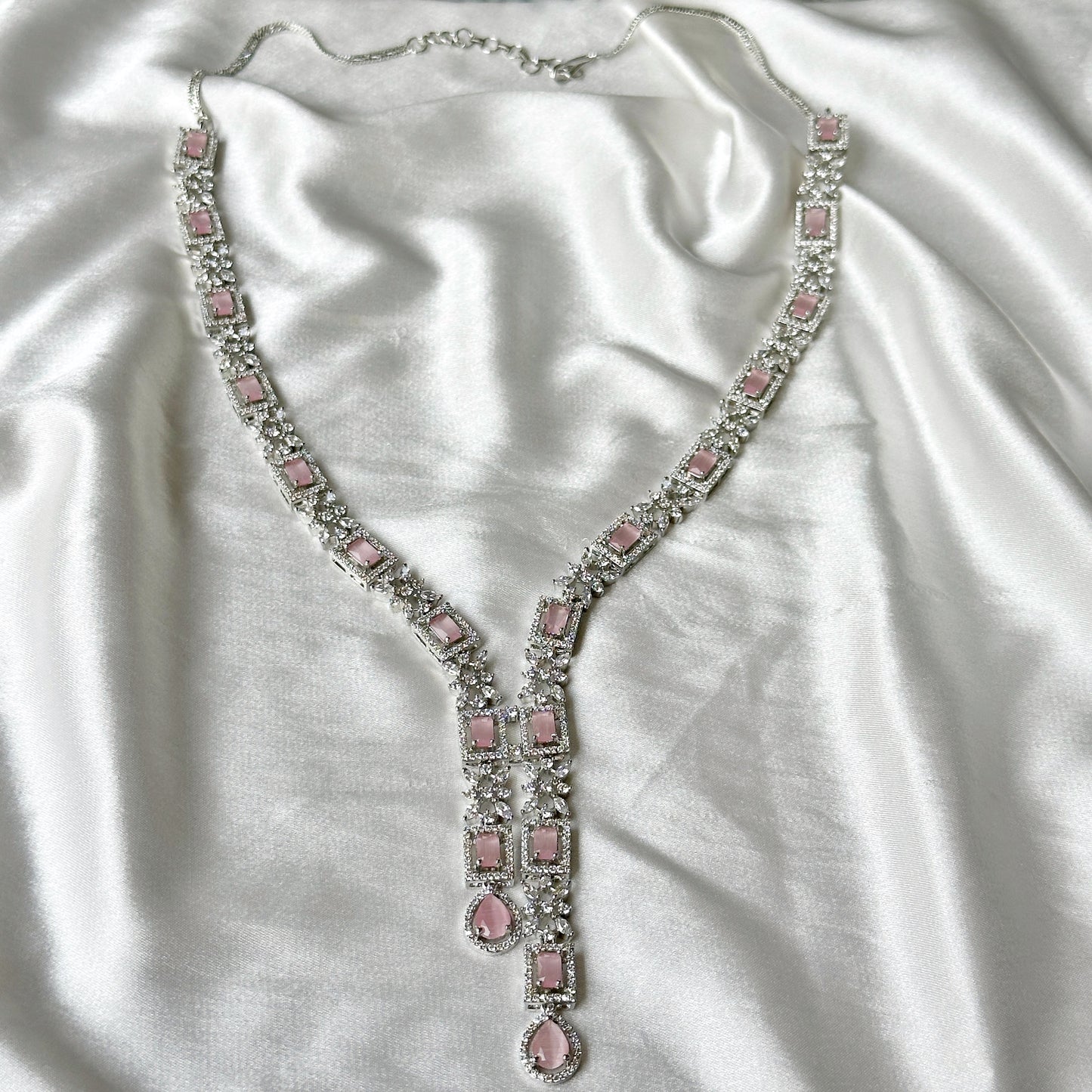 Pink Topaz Cubic Zircon Stones American Diamond Silver Plated Necklace Set