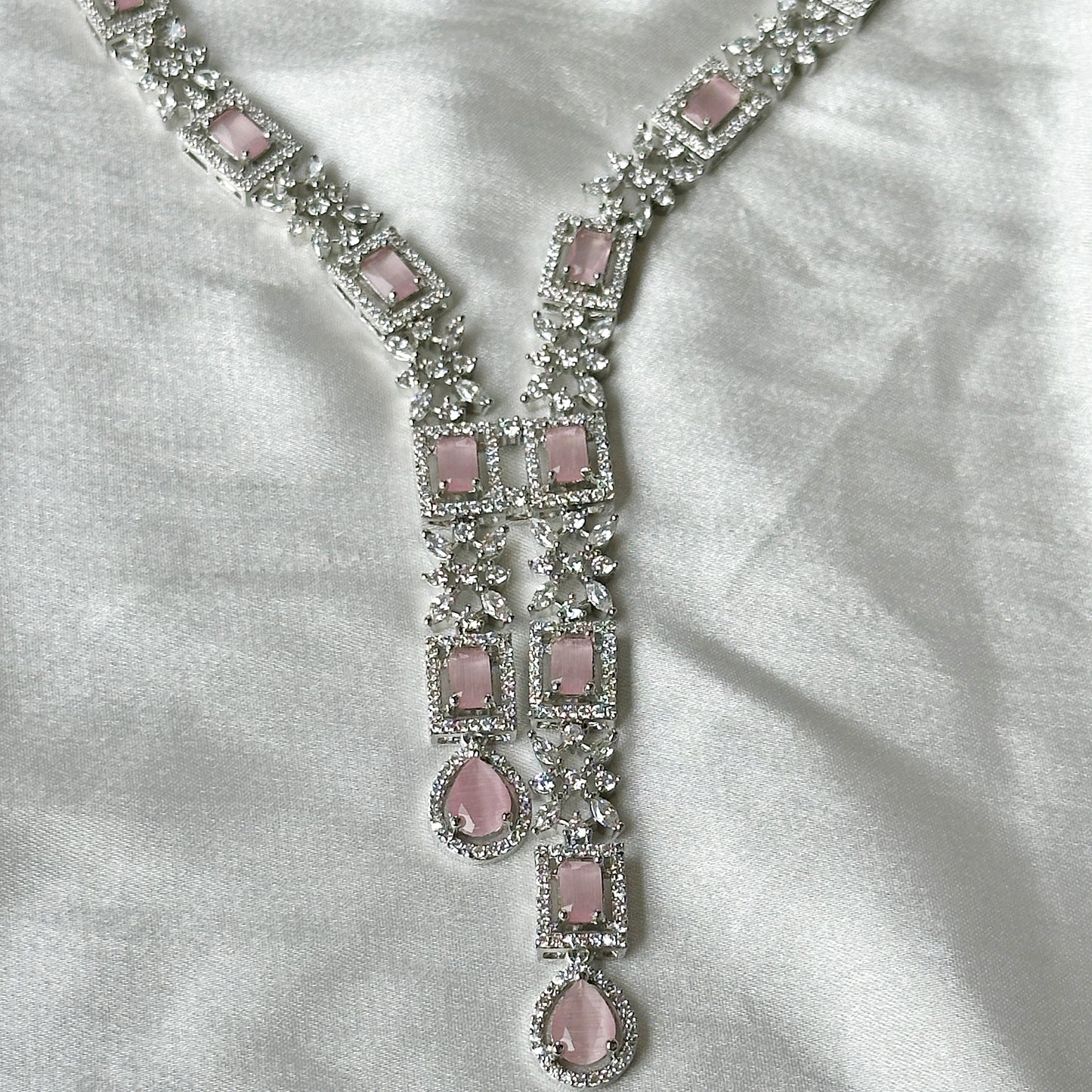 Pink Topaz Cubic Zircon Stones American Diamond Silver Plated Necklace Set