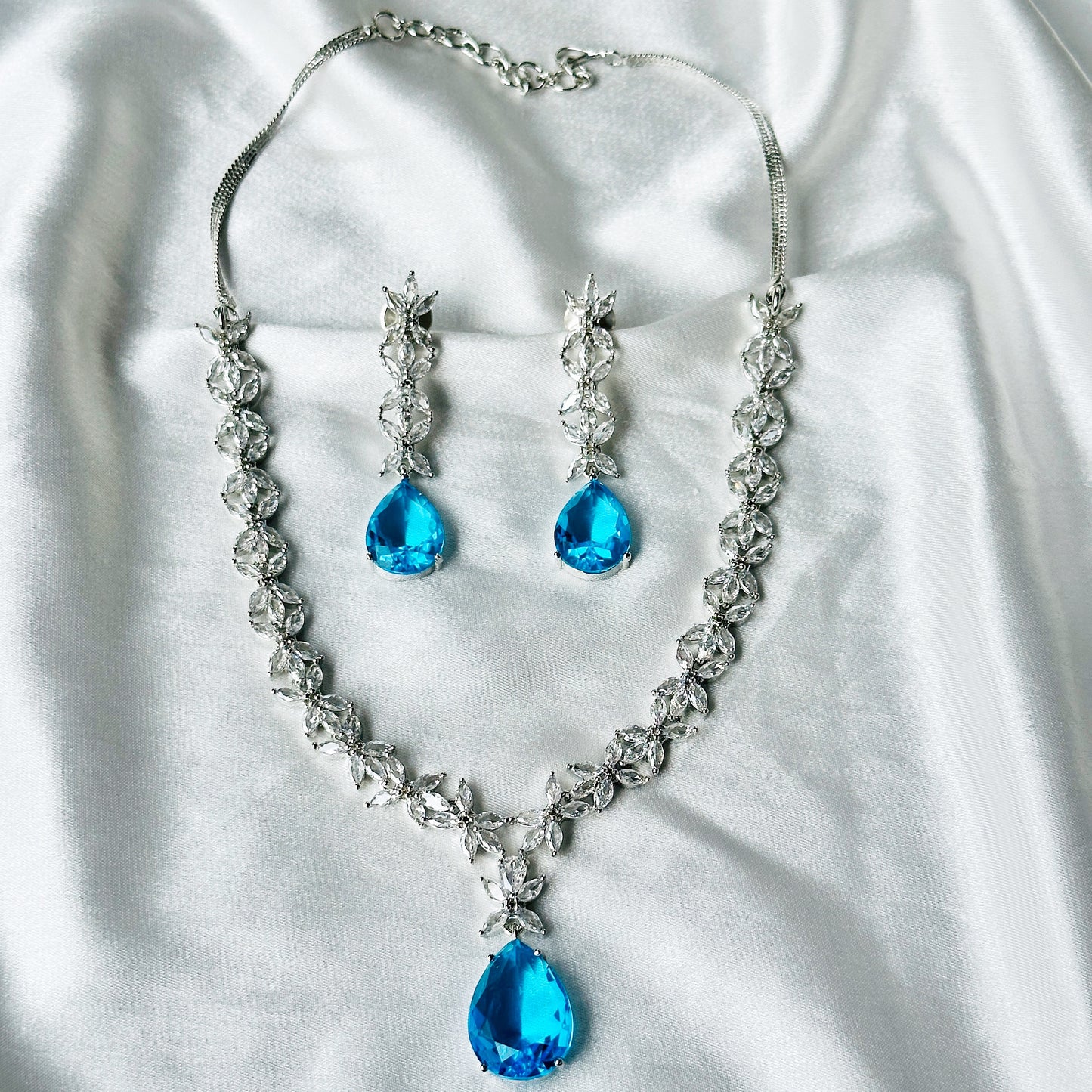Aqua Blue Sapphire Cubic Zircon American Diamond Silver Plated Necklace Set