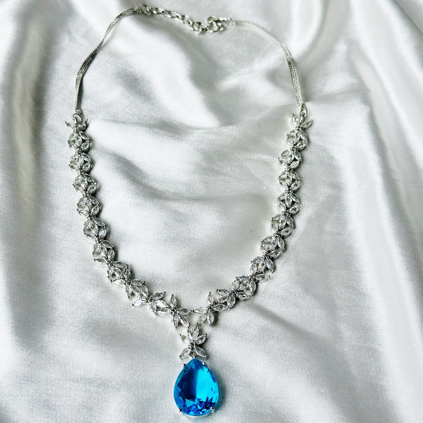 Aqua Blue Sapphire Cubic Zircon American Diamond Silver Plated Necklace Set