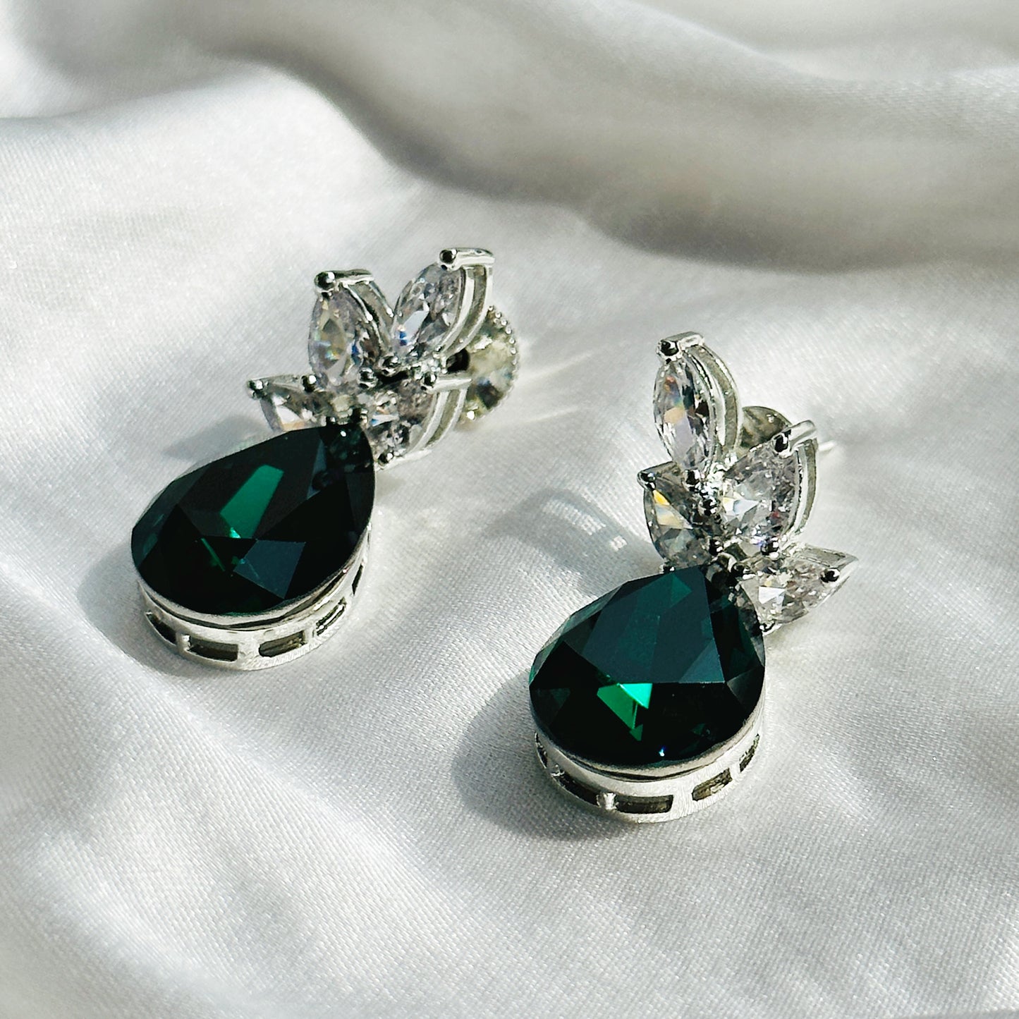 Green Emerald Swarovski Crystal Silver Plated Earrings