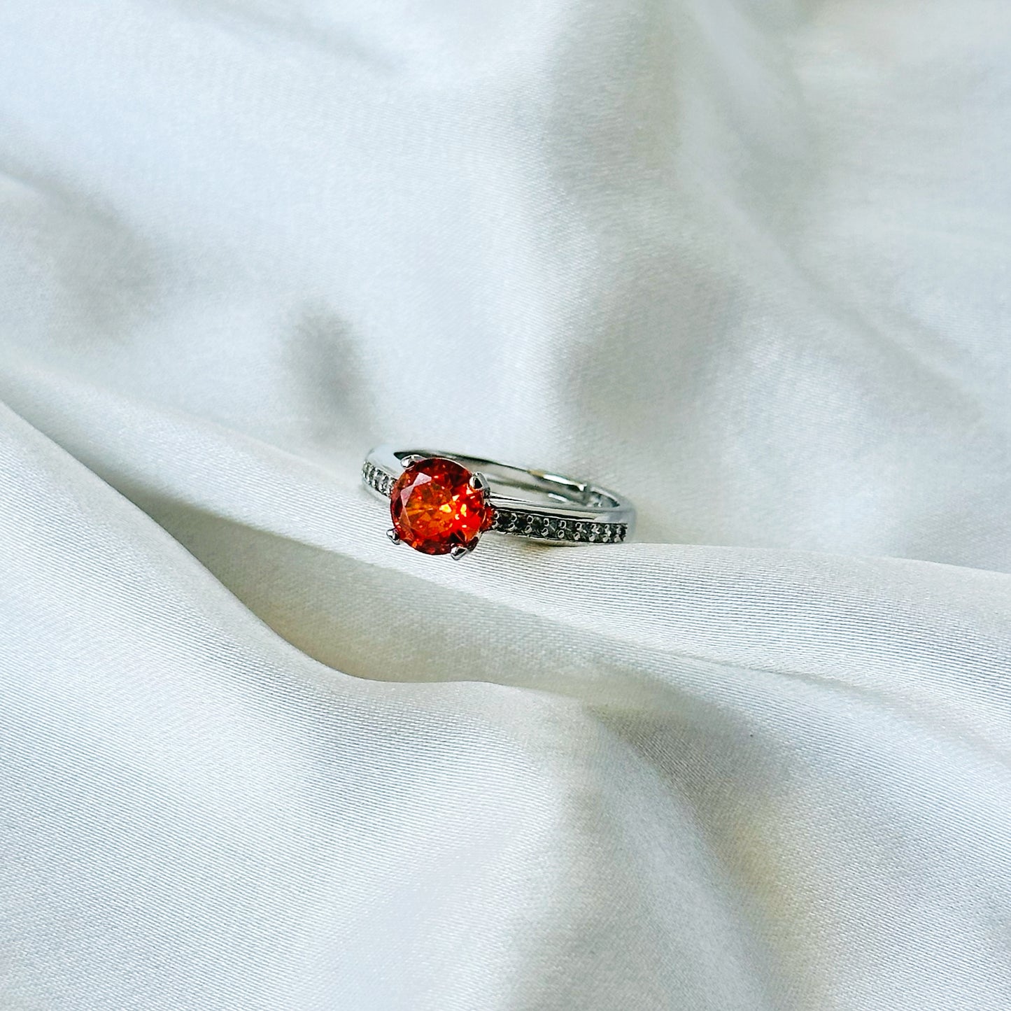 Spinel Orange Cubic Zirconia American Diamond Silver Plated Adjustable Ring