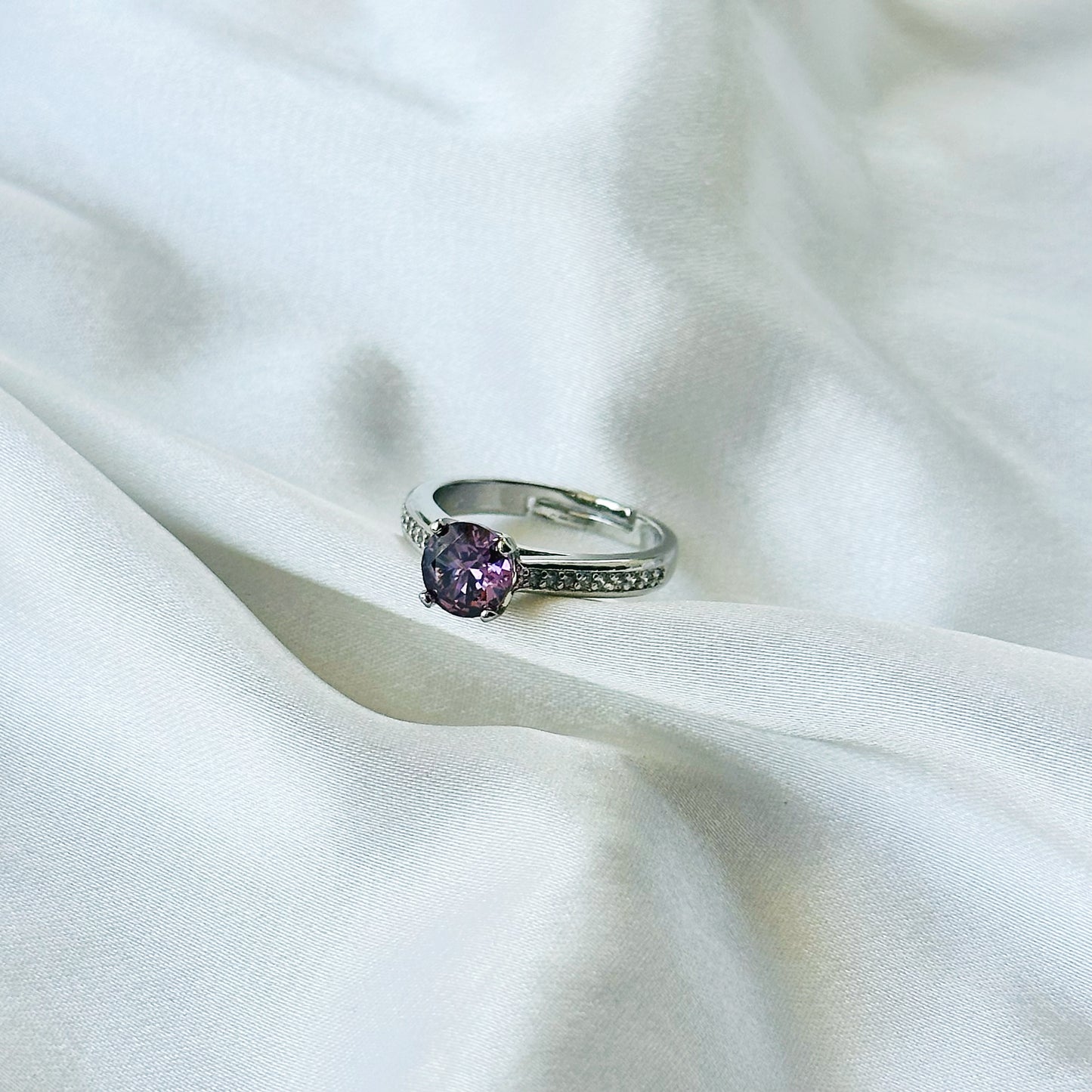 Purple Amethyst Cubic Zirconia American Diamond Silver Plated Adjustable Ring