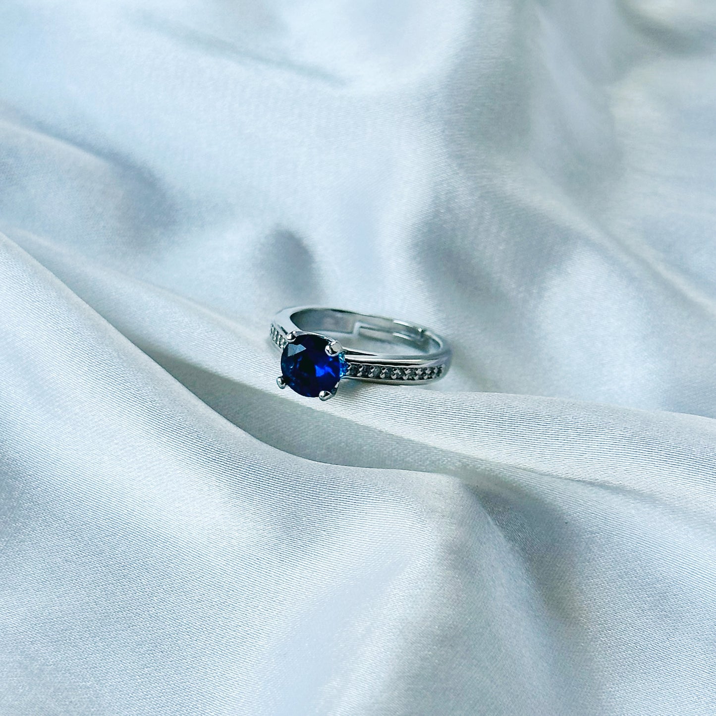Blue Sapphire Cubic Zirconia American Diamond Silver Plated Adjustable Ring