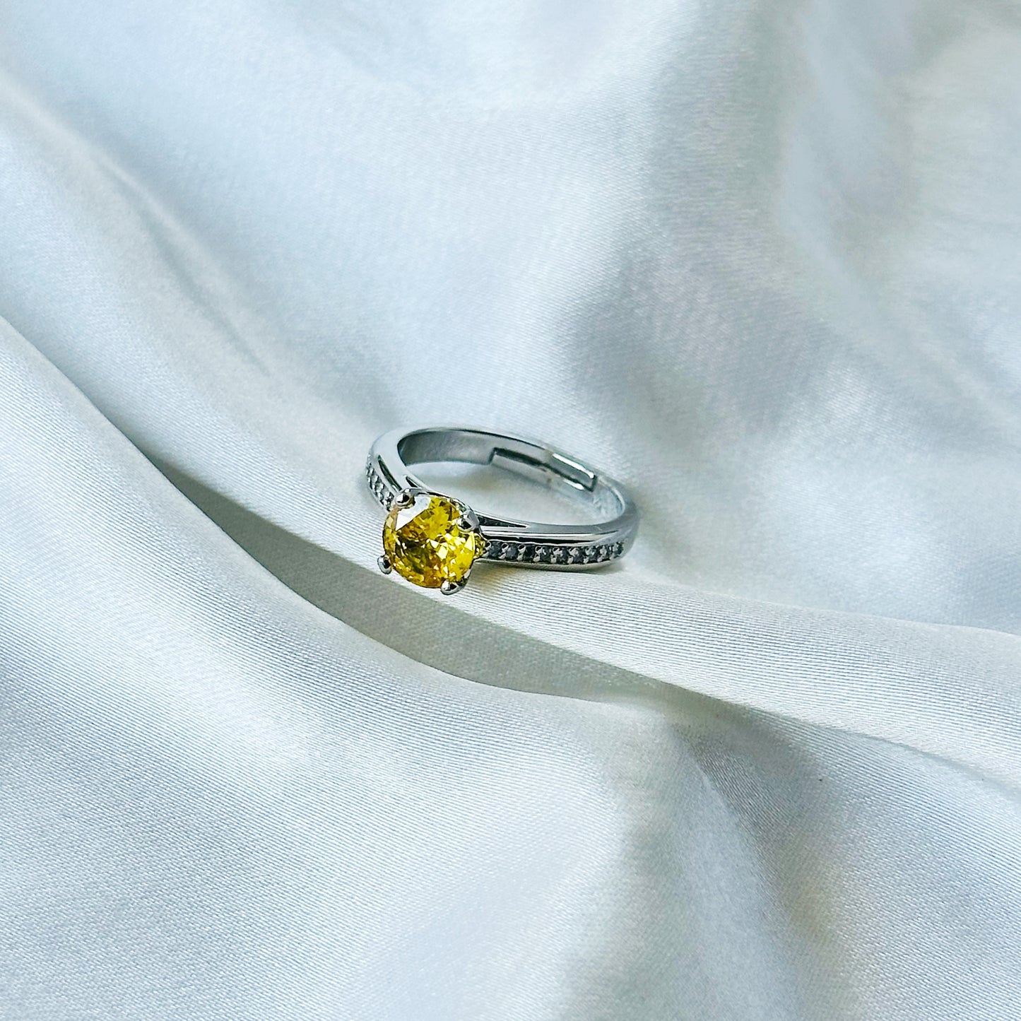 Yellow Topaz Cubic Zirconia American Diamond Silver Plated Adjustable Ring