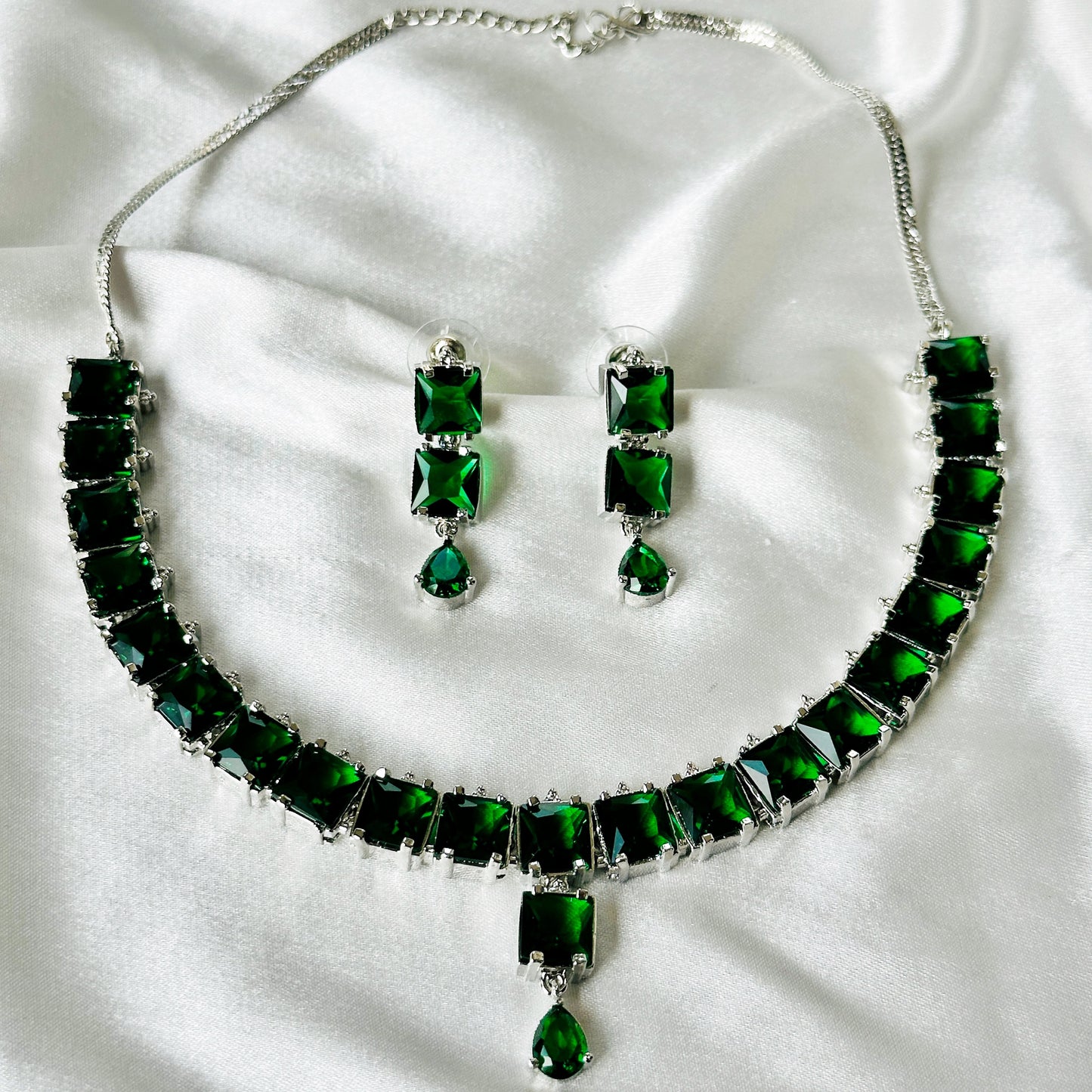 Green Emerald Cubic Zircon Stones Silver Plated Necklace Set