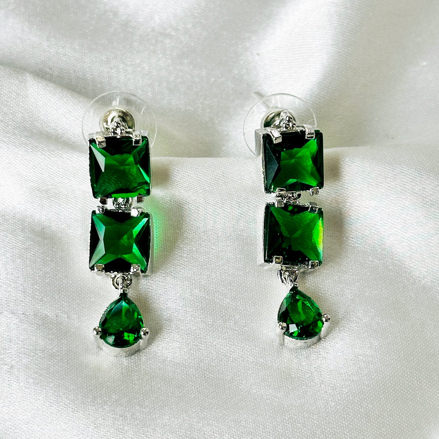 Green Emerald Cubic Zircon Stones Silver Plated Necklace Set