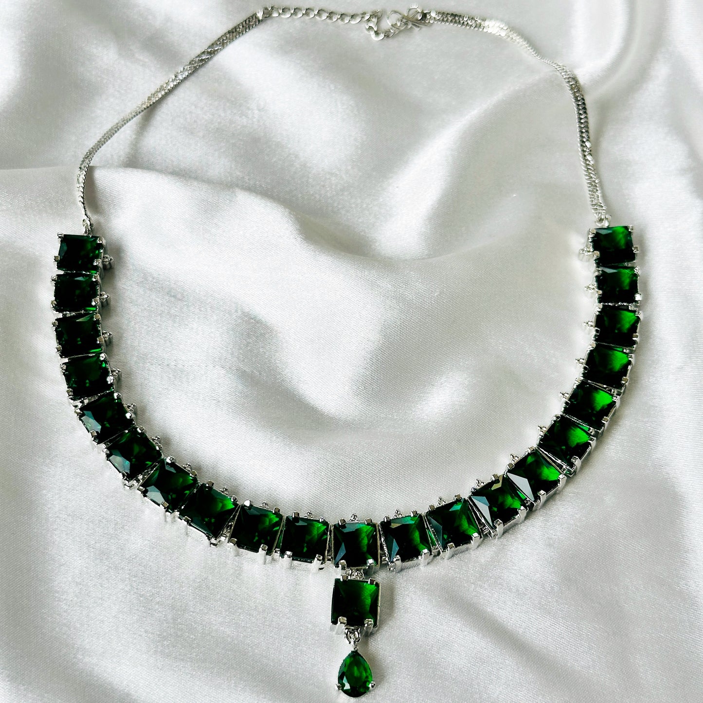 Green Emerald Cubic Zircon Stones Silver Plated Necklace Set