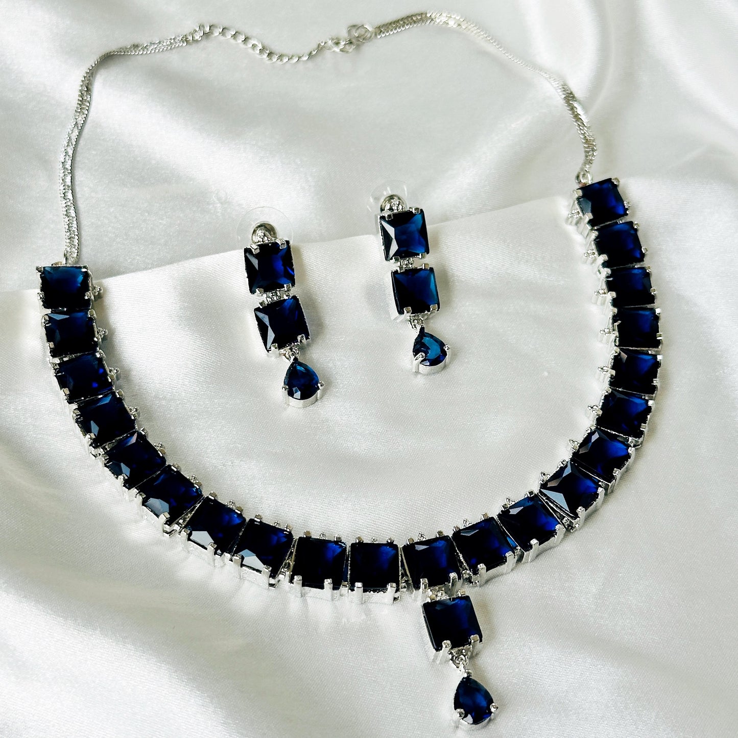 Blue Sapphire Cubic Zircon Stones Silver Plated Necklace Set