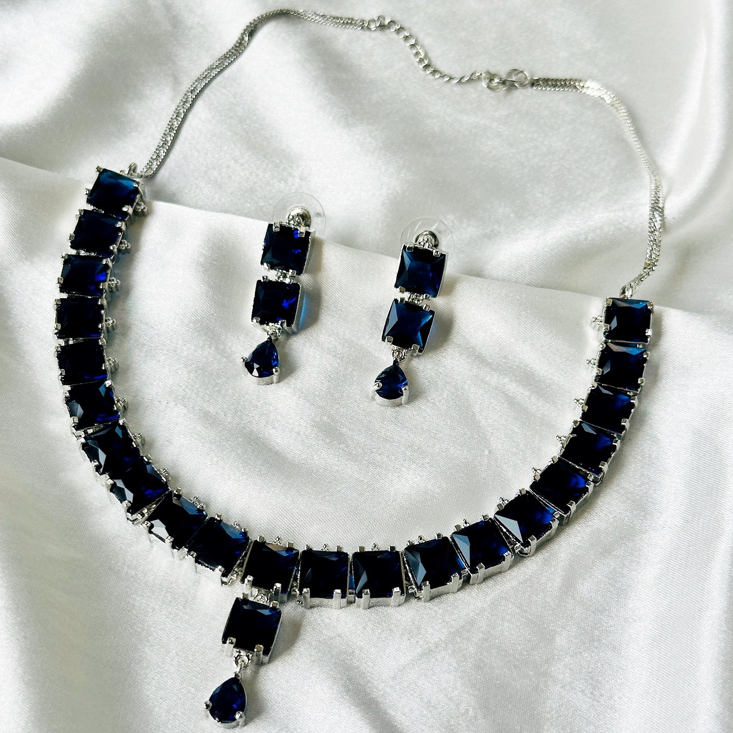 Blue Sapphire Cubic Zircon Stones Silver Plated Necklace Set