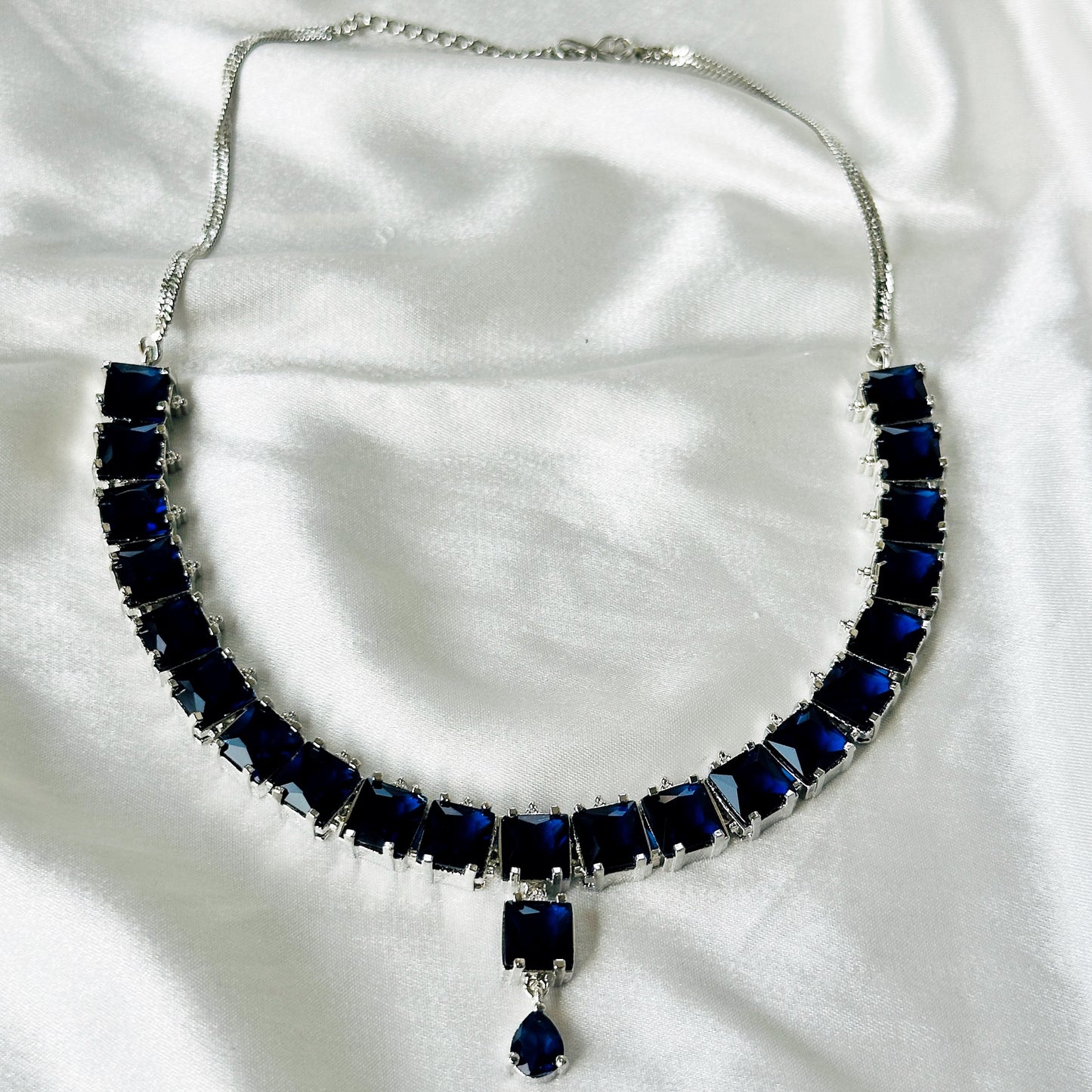 Blue Sapphire Cubic Zircon Stones Silver Plated Necklace Set