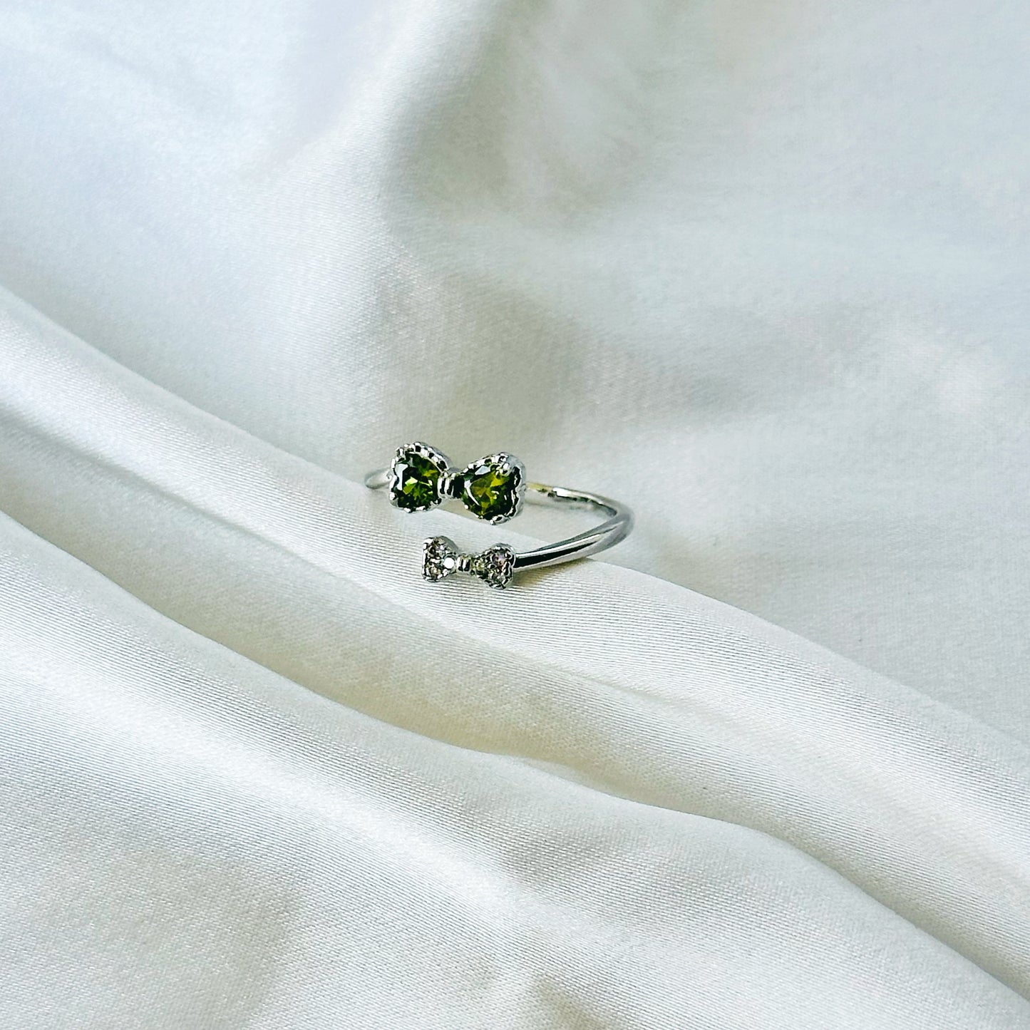 Olive Green Cubic Zirconia American Diamond Silver Plated Adjustable Ring