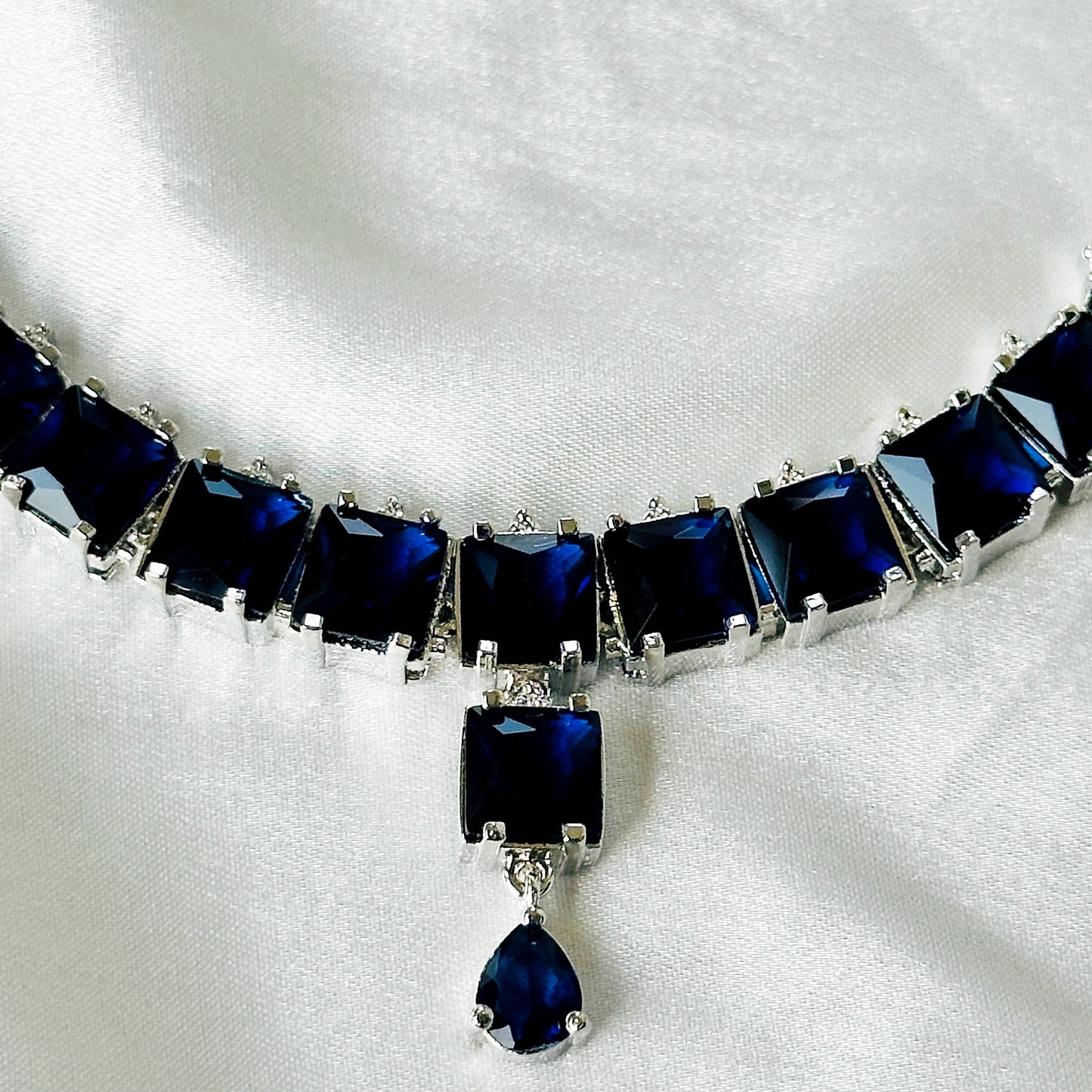 Blue Sapphire Cubic Zircon Stones Silver Plated Necklace Set