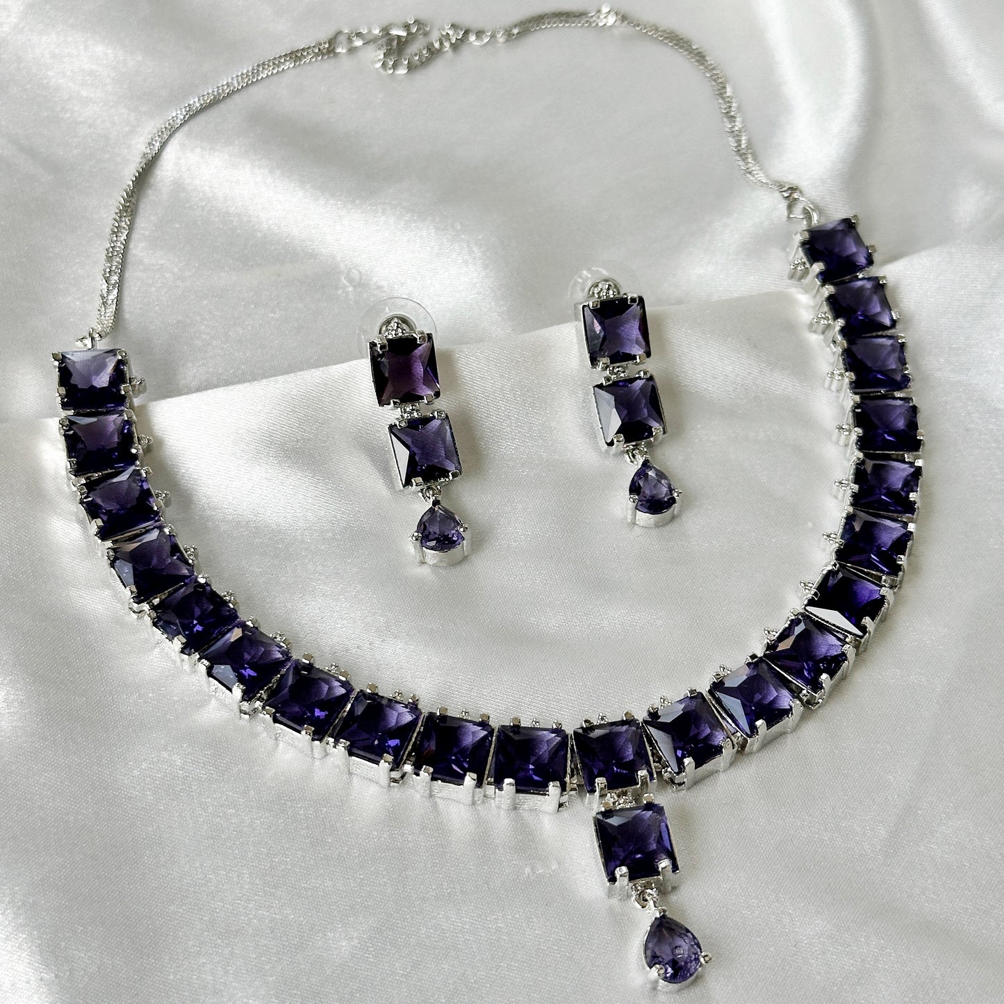 Deep Purple Amethyst Cubic Zircon Stones Silver Plated Necklace Set