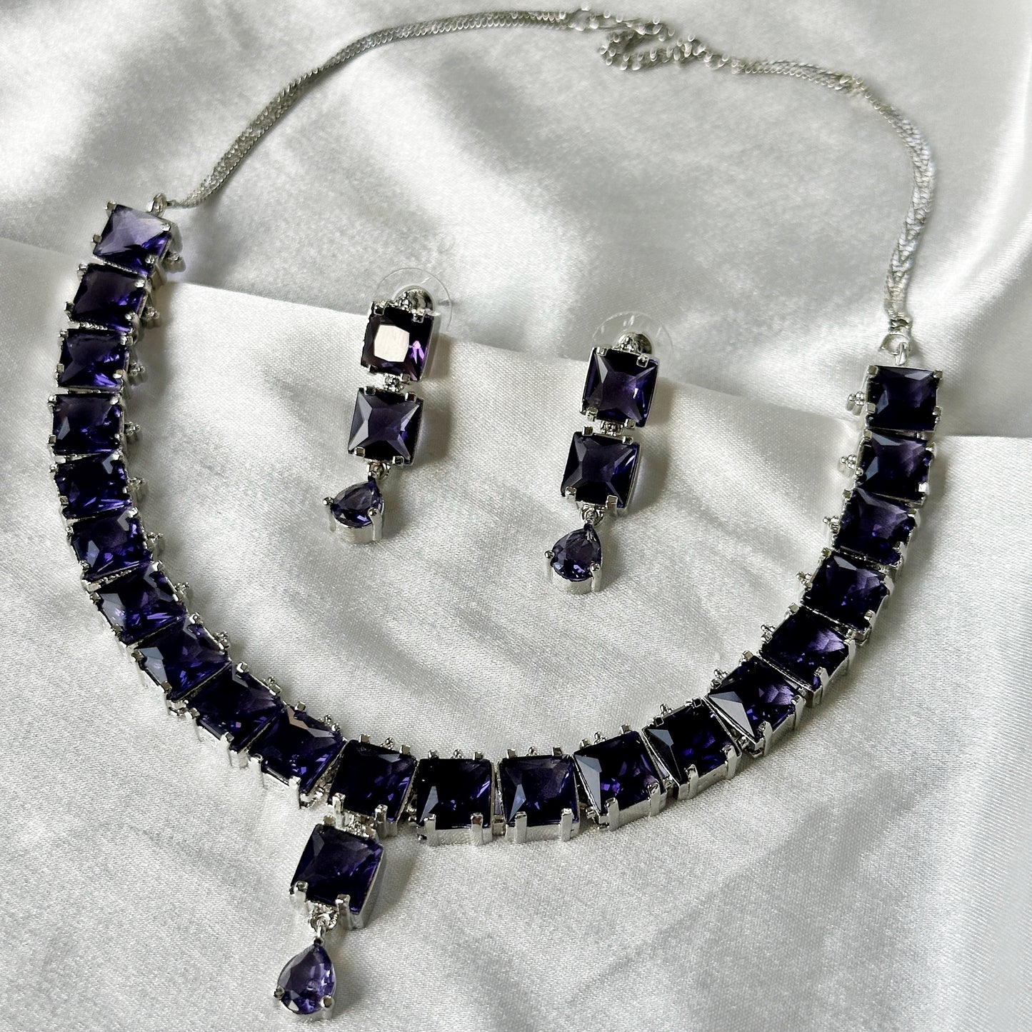 Deep Purple Amethyst Cubic Zircon Stones Silver Plated Necklace Set