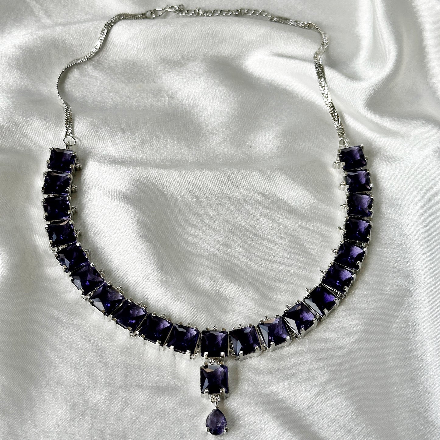 Deep Purple Amethyst Cubic Zircon Stones Silver Plated Necklace Set