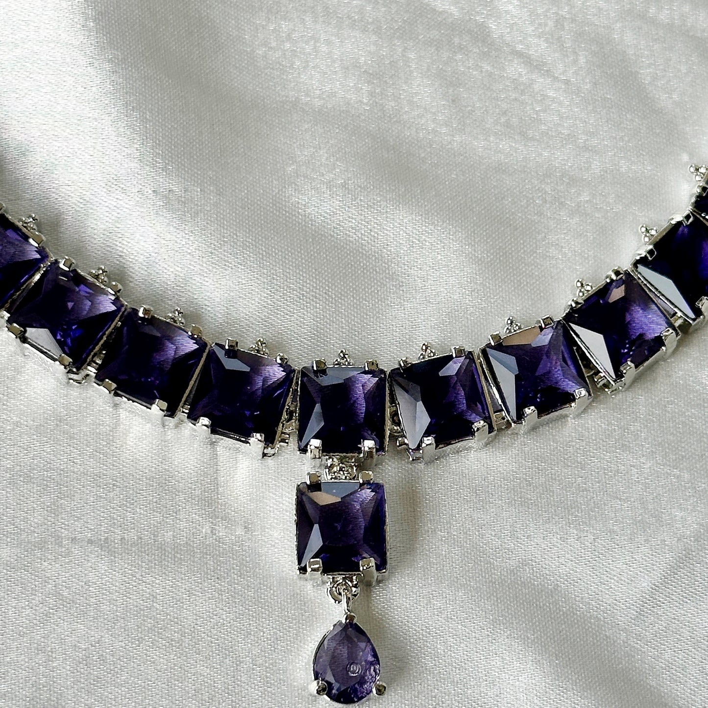 Deep Purple Amethyst Cubic Zircon Stones Silver Plated Necklace Set