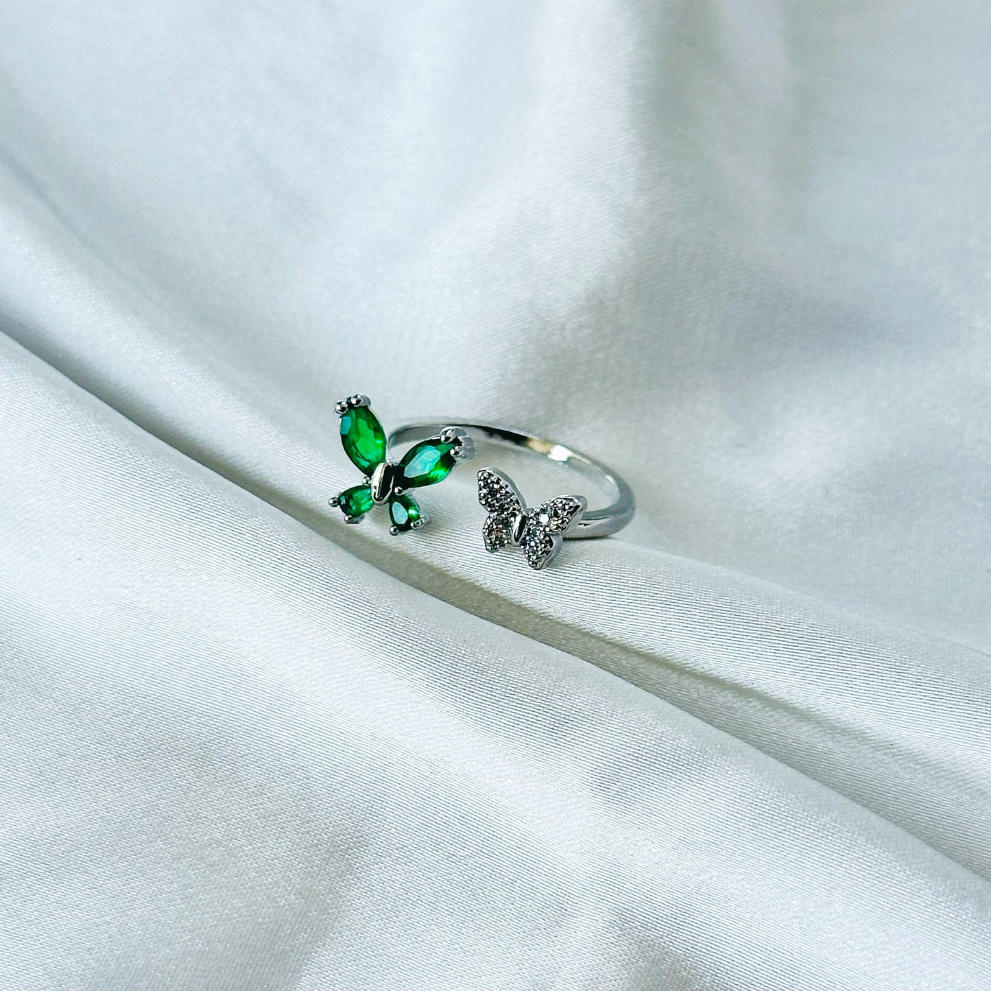 Green Emerald Cubic Zirconia American Diamond Silver Plated Adjustable Ring