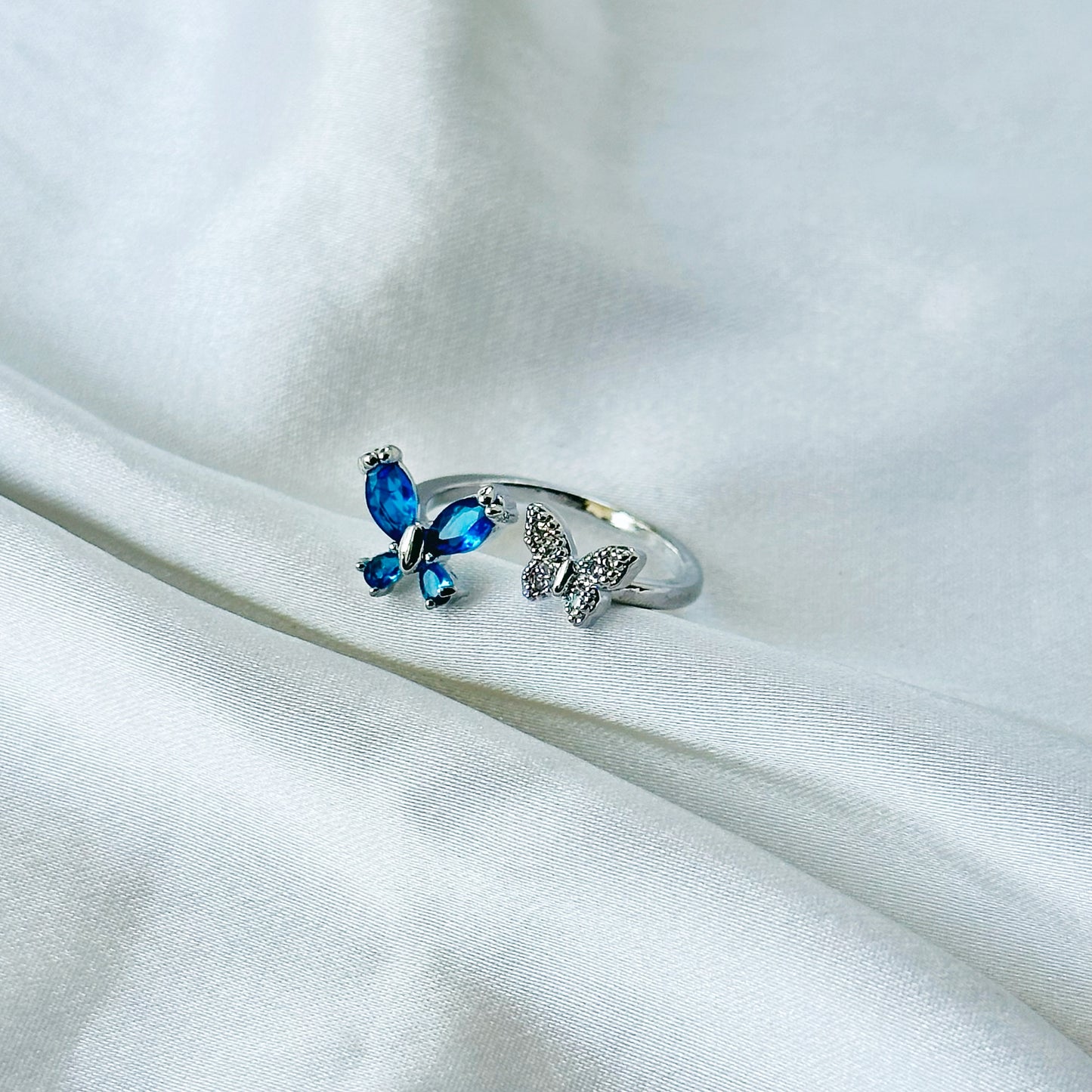Blue Sapphire Cubic Zirconia American Diamond Silver Plated Adjustable Ring