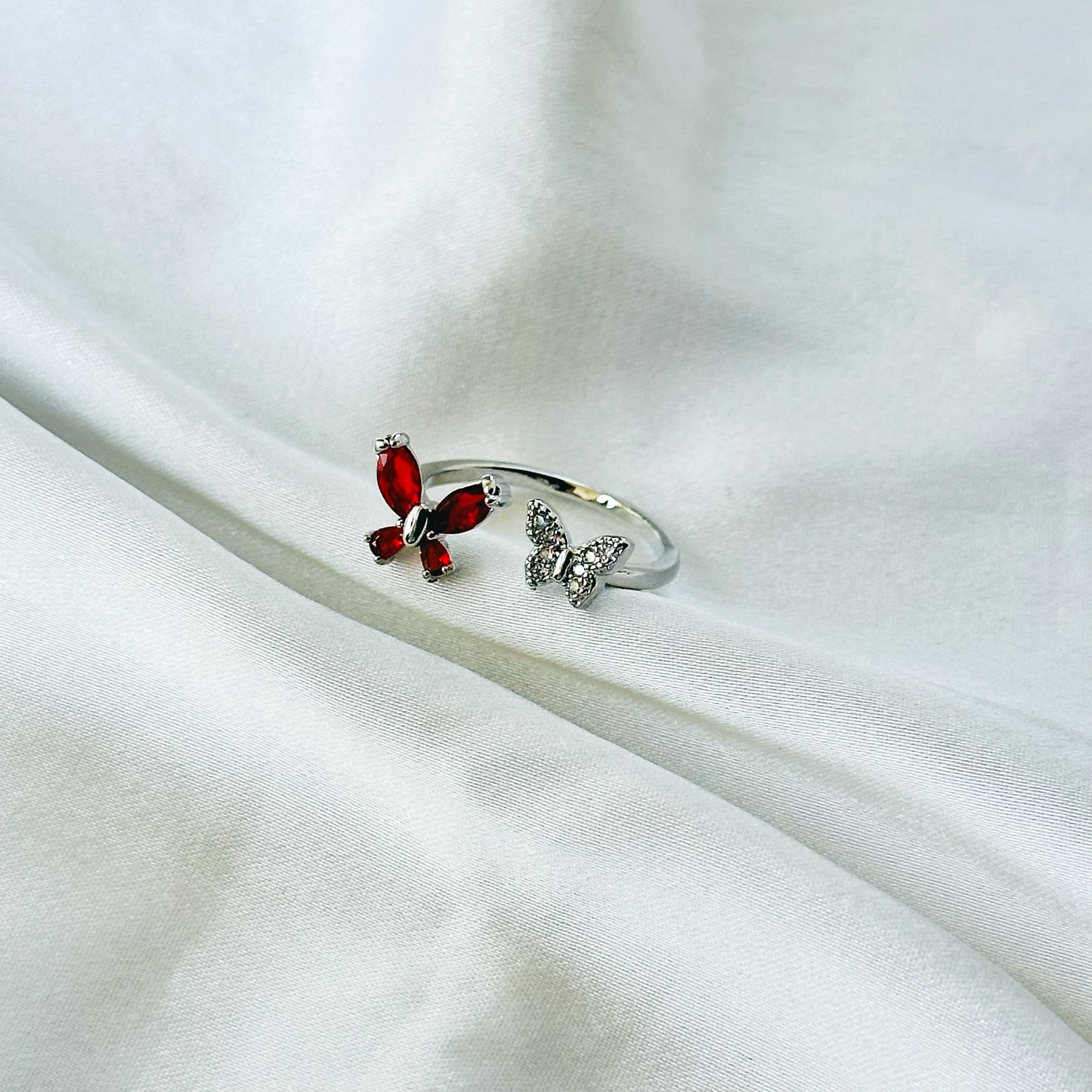 Red Ruby Cubic Zirconia American Diamond Silver Plated Adjustable Ring