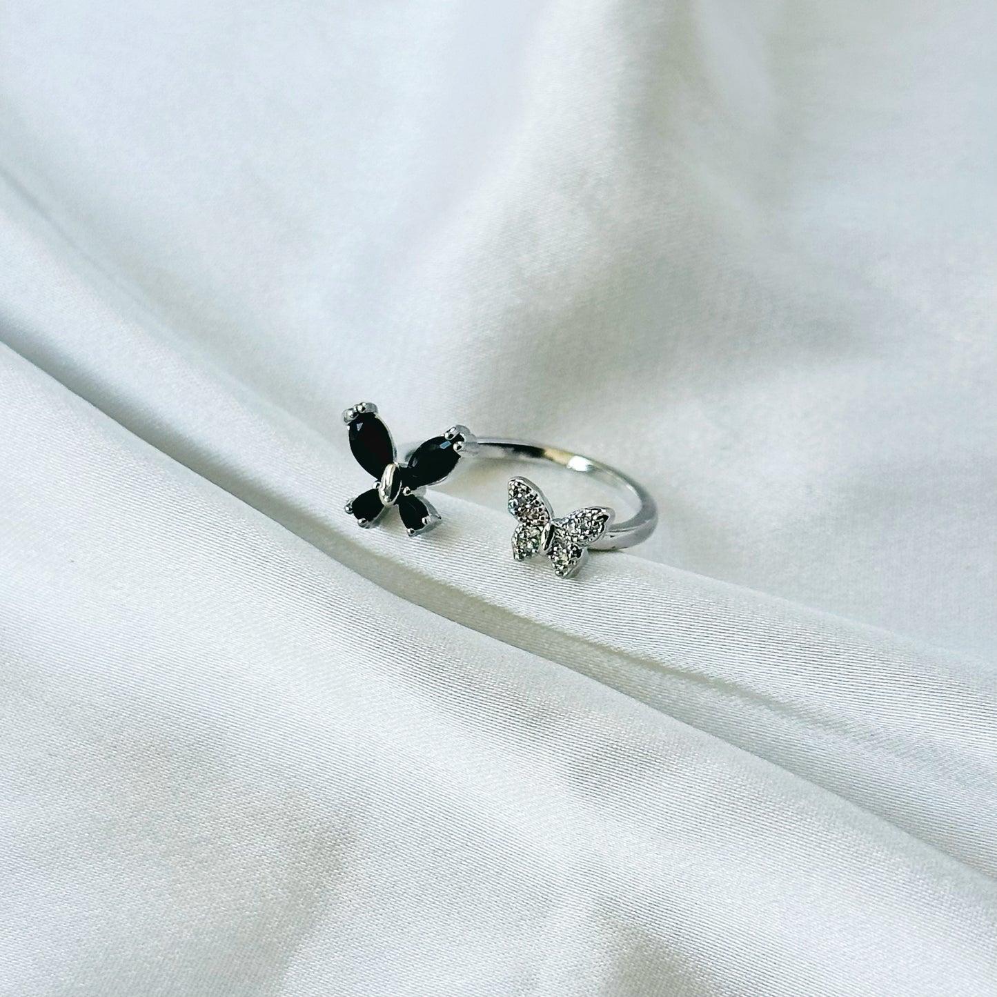 Black Cubic Zirconia American Diamond Silver Plated Adjustable Ring