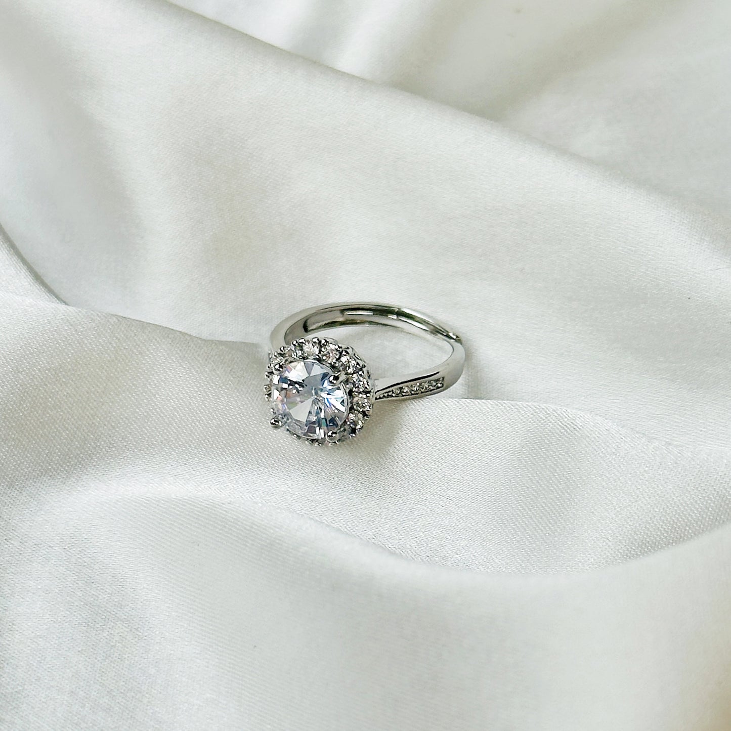 Solitaire Cubic Zircon American Diamond Silver Plated Adjustable Ring