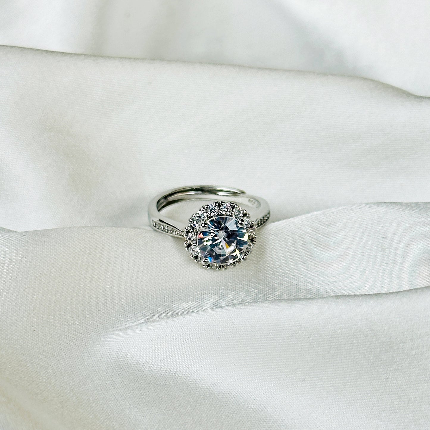 Solitaire Cubic Zircon American Diamond Silver Plated Adjustable Ring