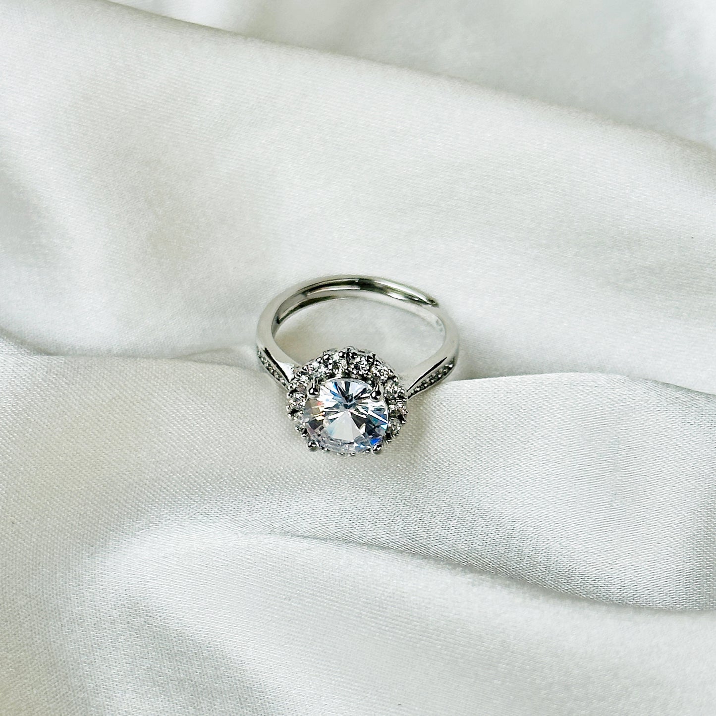 Solitaire Cubic Zircon American Diamond Silver Plated Adjustable Ring