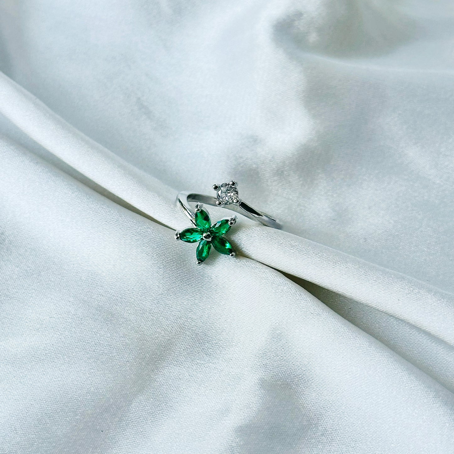 Green Emerald Cubic Zirconia American Diamond Silver Plated Adjustable Ring