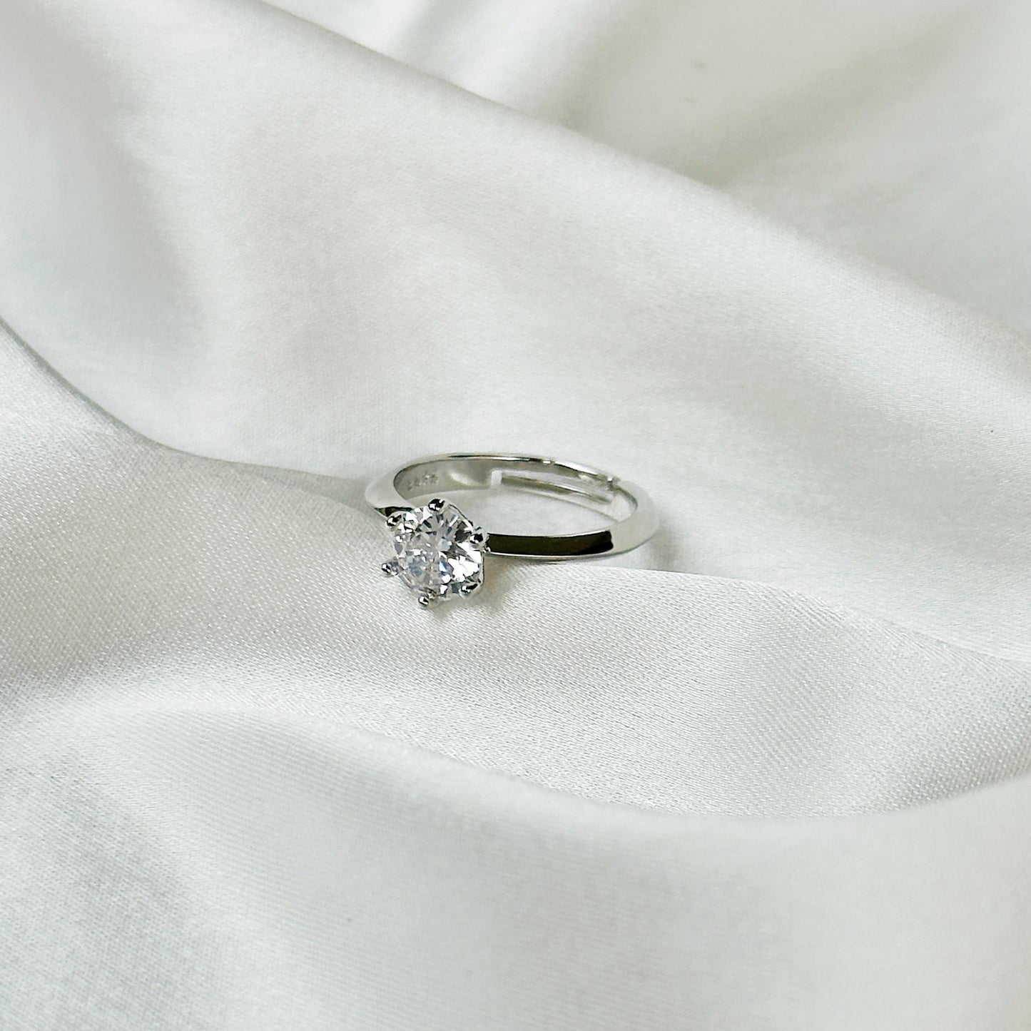 Solitaire Cubic Zircon Silver Plated Adjustable Ring