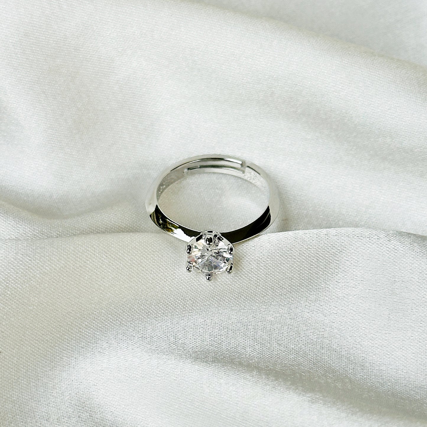 Solitaire Cubic Zirconia Ice Cut American Diamond Silver Plated Adjustable Ring