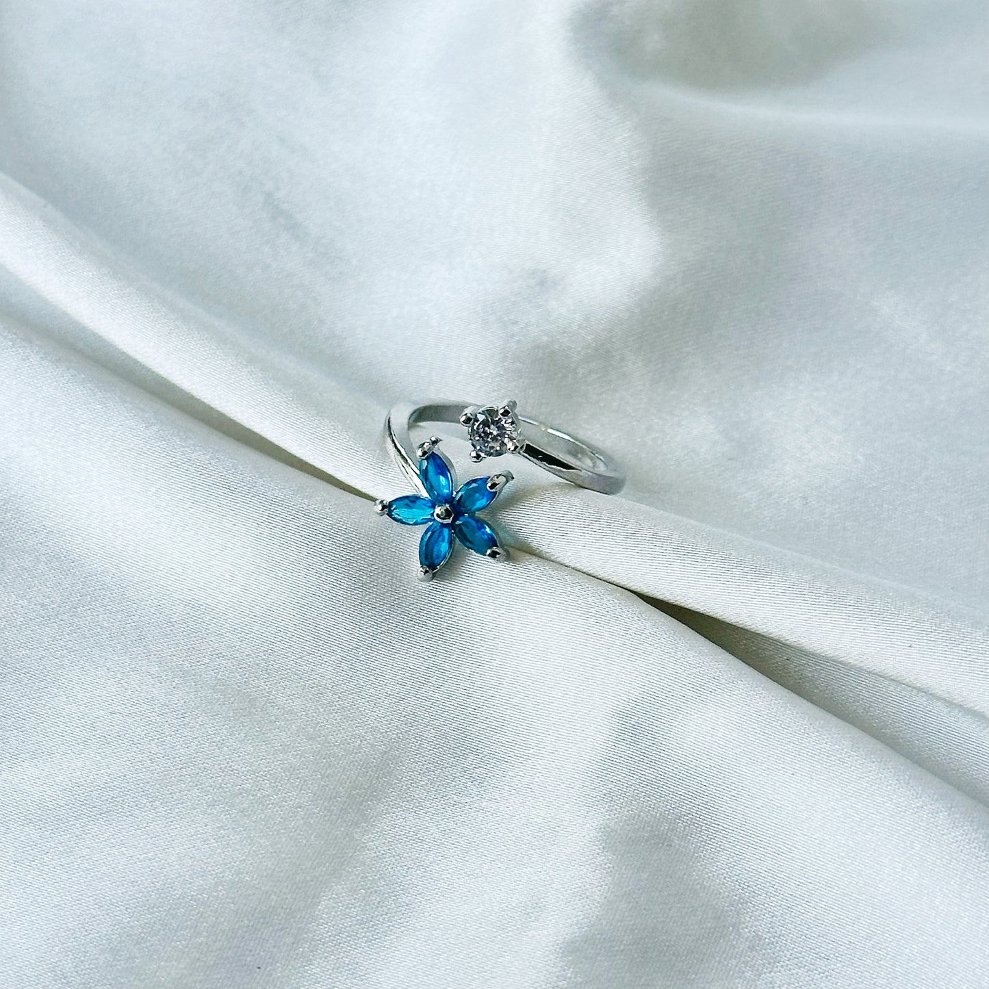 Blue Sapphire Cubic Zirconia American Diamond Silver Plated Adjustable Ring