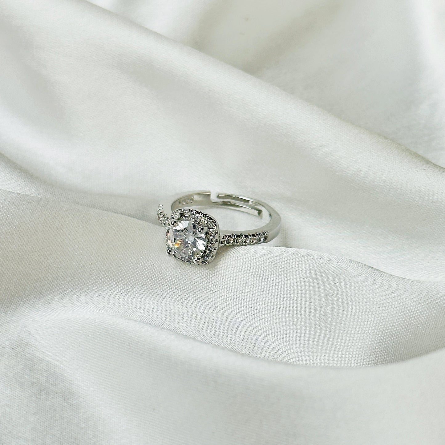 Solitaire Cubic Zircon American Diamond Silver Plated Adjustable Ring